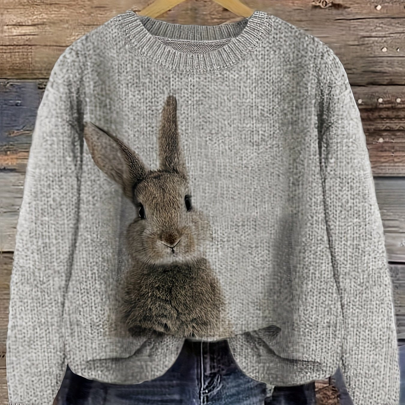 Turquoise Blue Rabbit Print Sweater for Women – Grey & Mint Color Block Crew Neck Knit Pullover for Winter