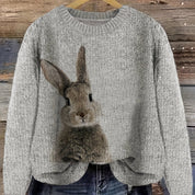 Turquoise Blue Rabbit Print Sweater for Women – Grey & Mint Color Block Crew Neck Knit Pullover for Winter