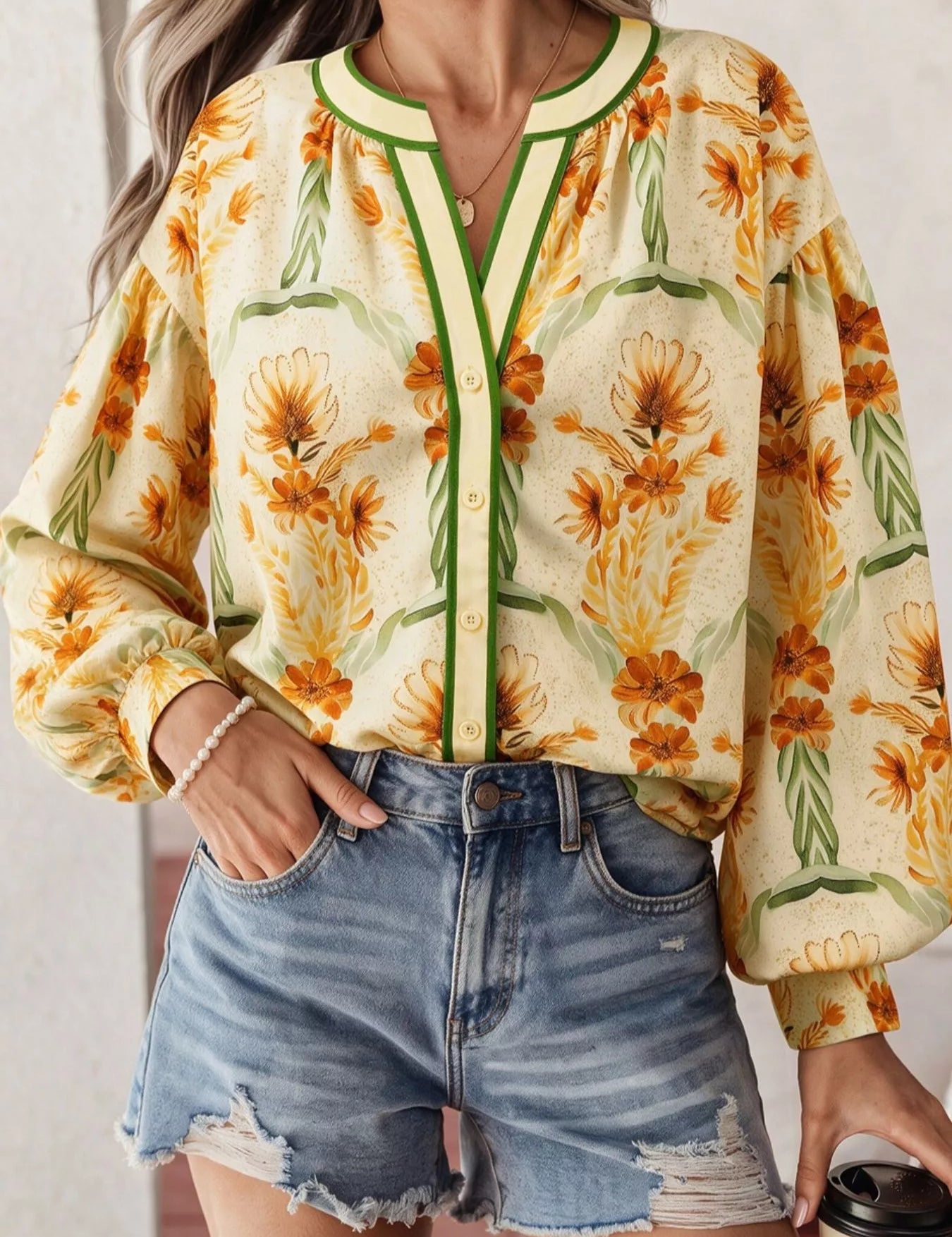 Women's floral shirt, v-neck, long sleeve