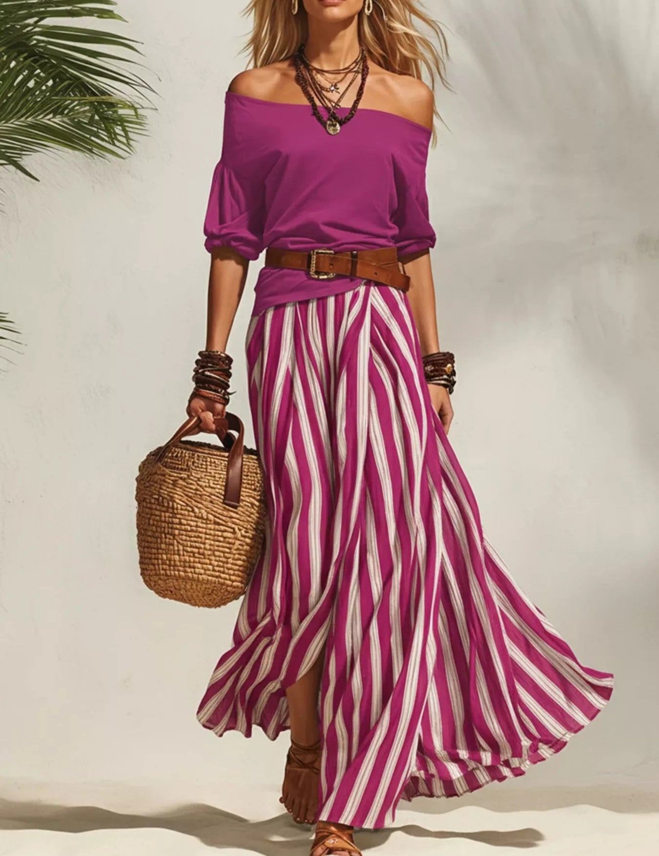 Women's maxi dress in striped, off-shoulder