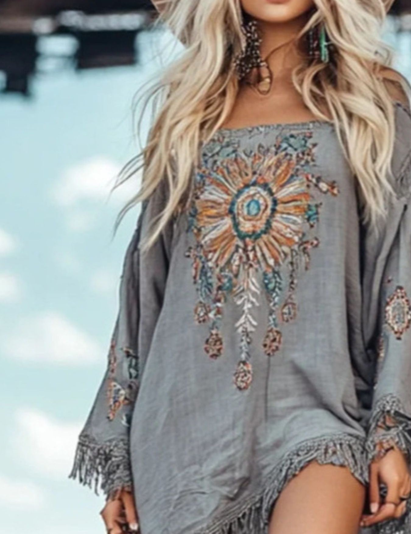 Fringe Mini Dress for Women – Long Sleeve in Grey – Chaotic Fashion