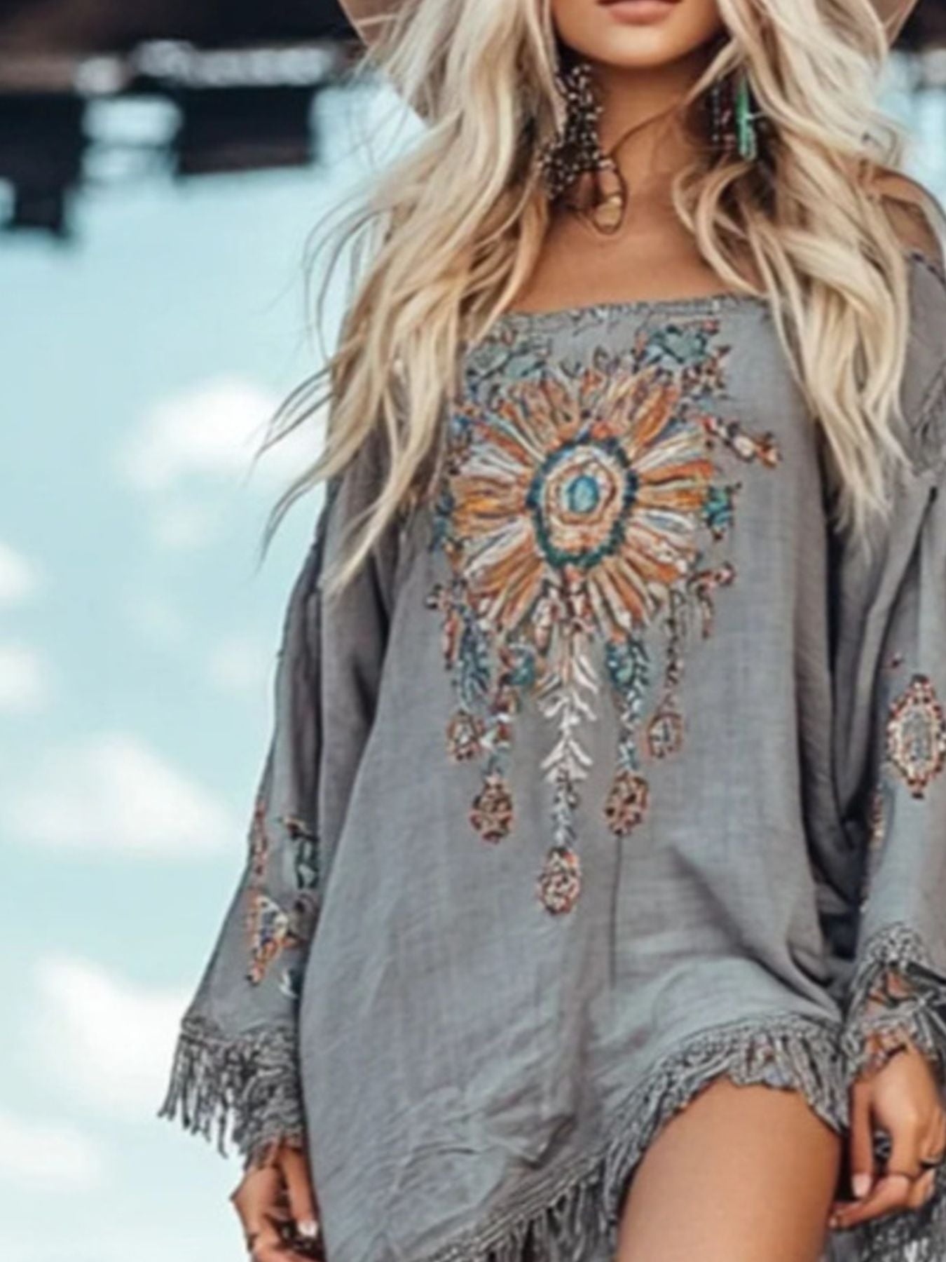 Fringe Mini Dress for Women – Long Sleeve in Grey – Chaotic Fashion