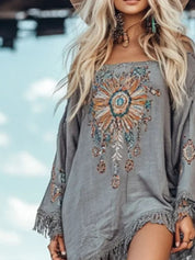 Fringe Mini Dress for Women – Long Sleeve in Grey – Chaotic Fashion