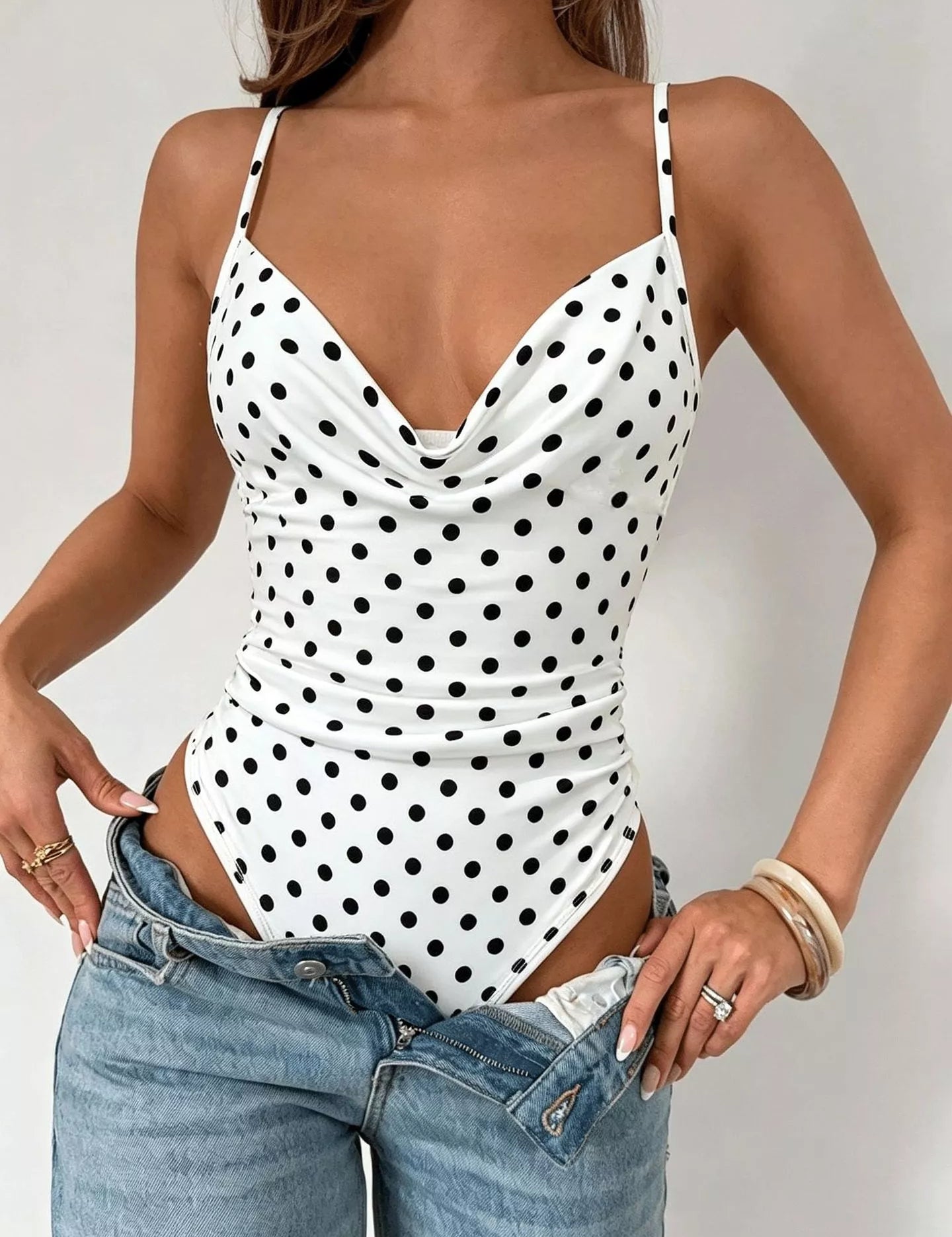 Women's polka dot bodysuit, cowl neck