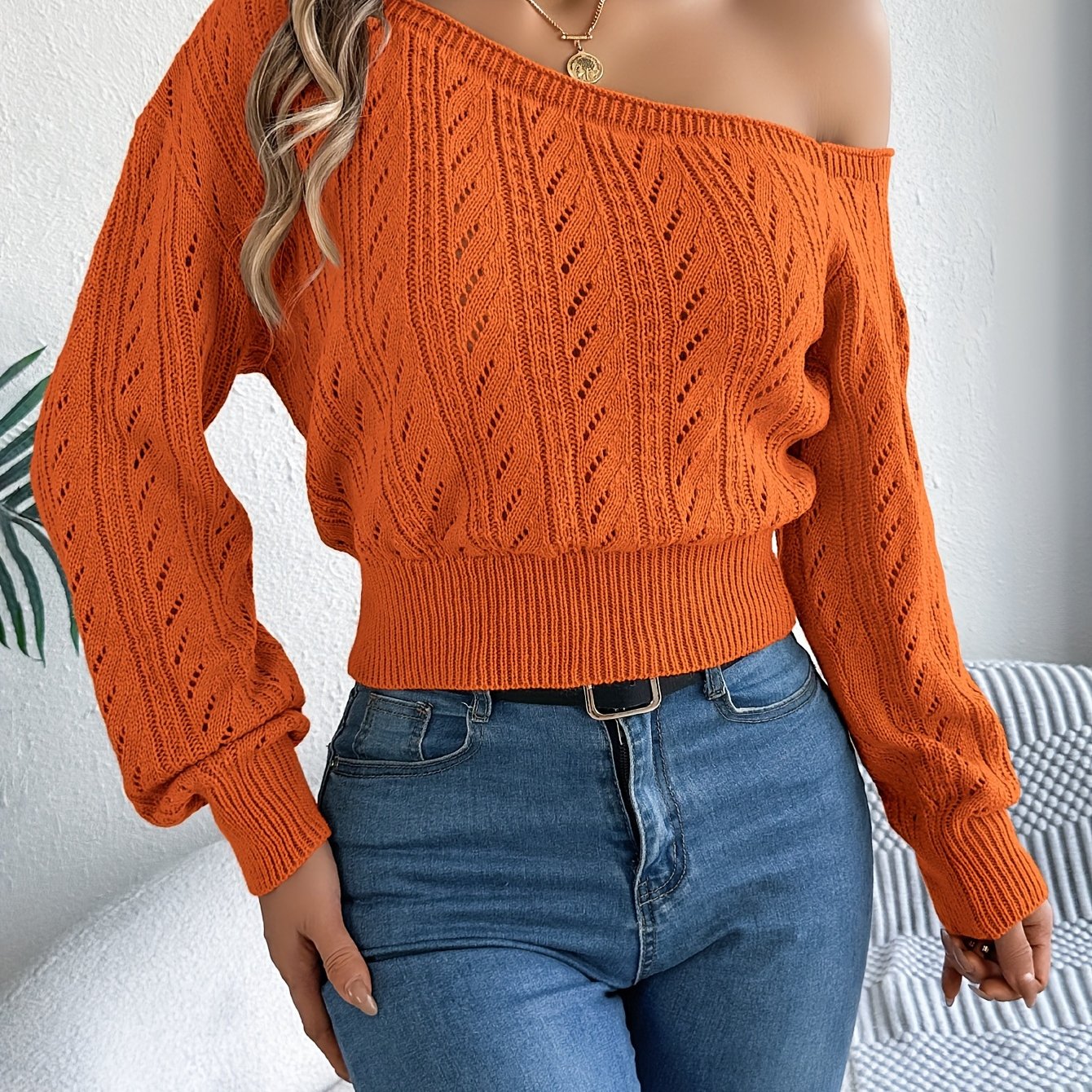 Elegant Off-Shoulder Hollow Knit Sweater for Women – Long Sleeve Asymmetrical Pullover for Autumn Winter