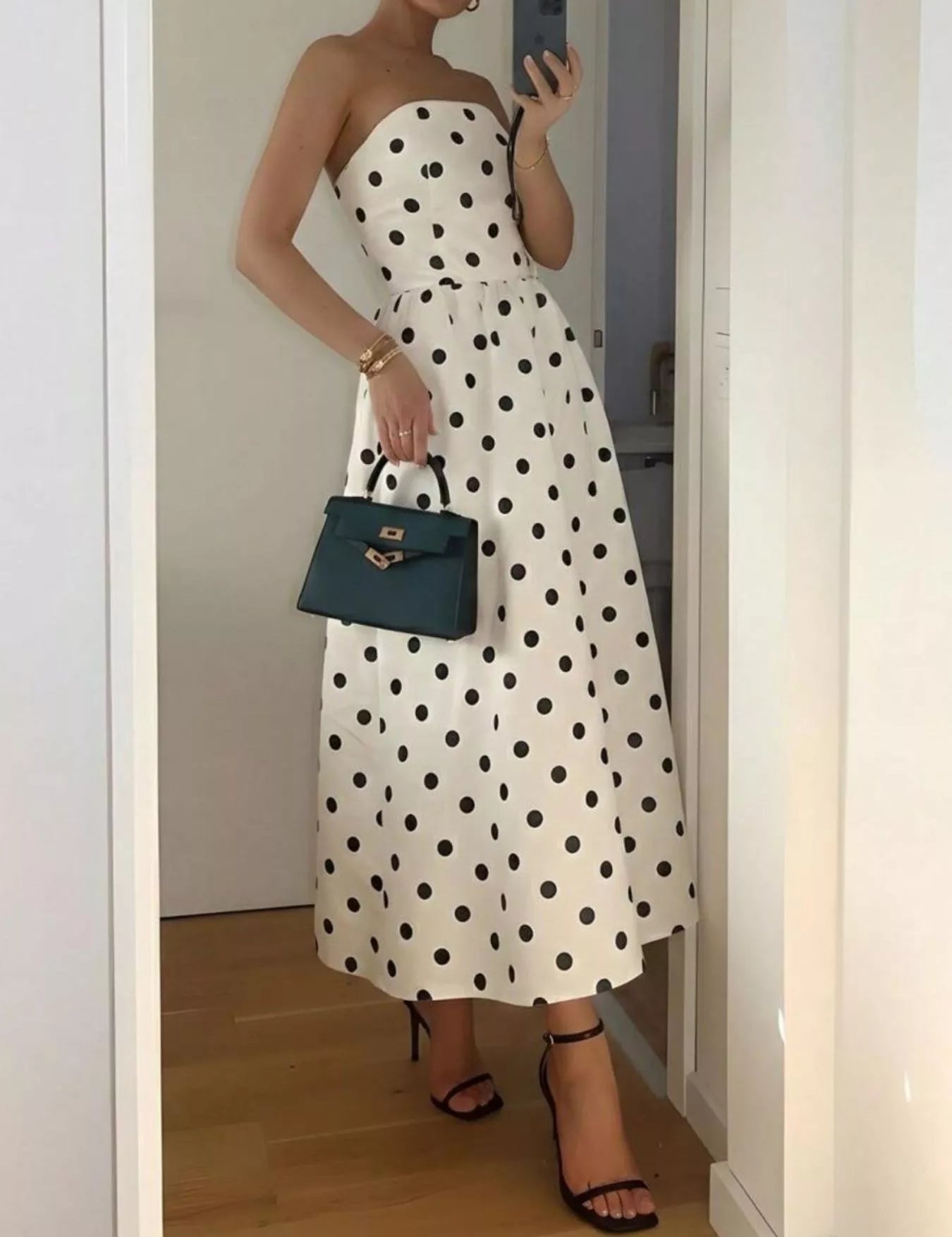 Women's midi dress in polka dot, strapless