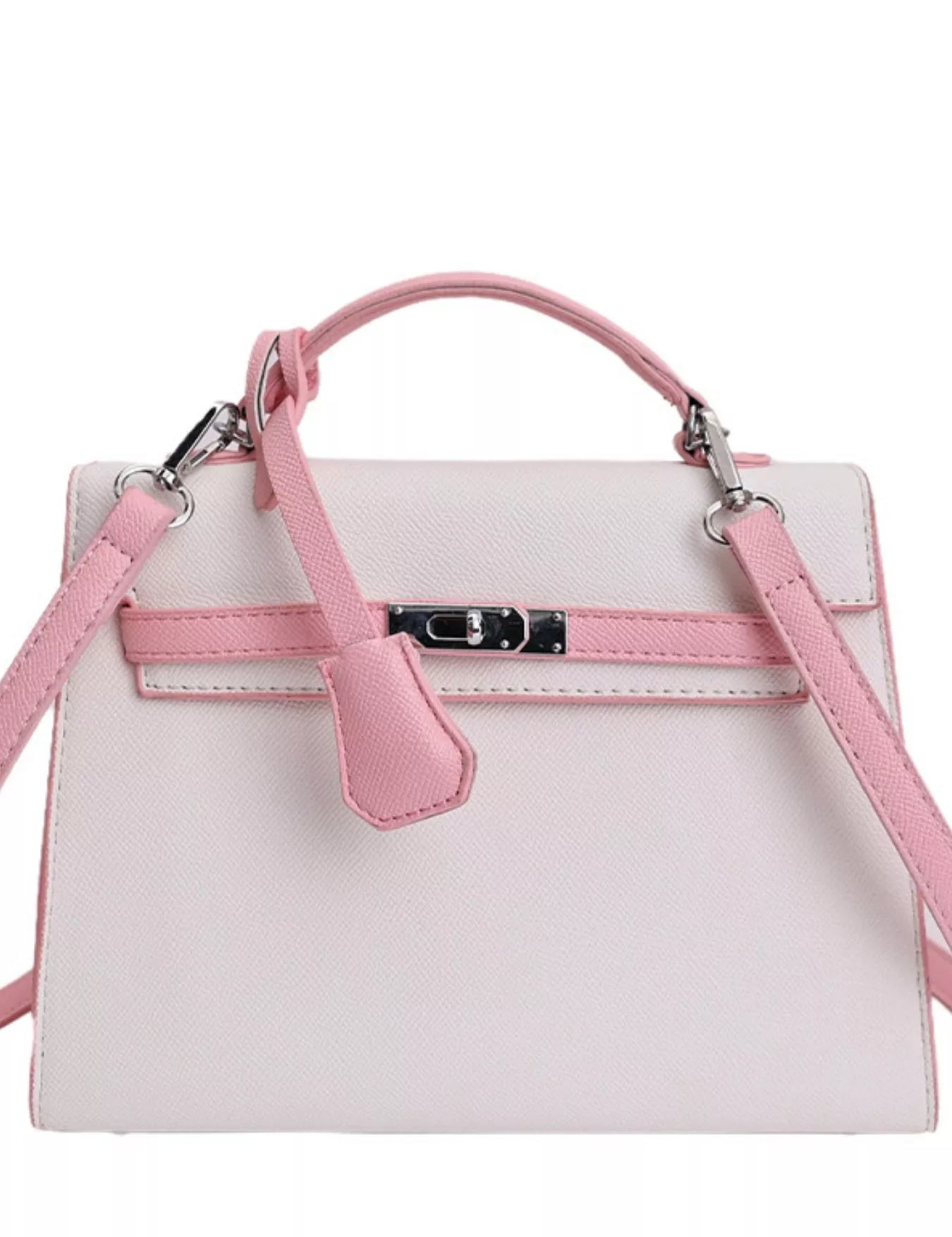Women's Small top-handle crossbody bag in vegan leather, contrast trim detail, white, pink