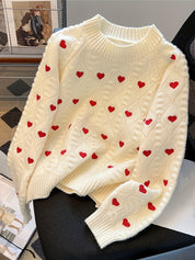 Women’s Red Heart Knit Sweater – Cozy Crew Neck Pullover, Soft Warm Winter Top for Cute Fall Outfits