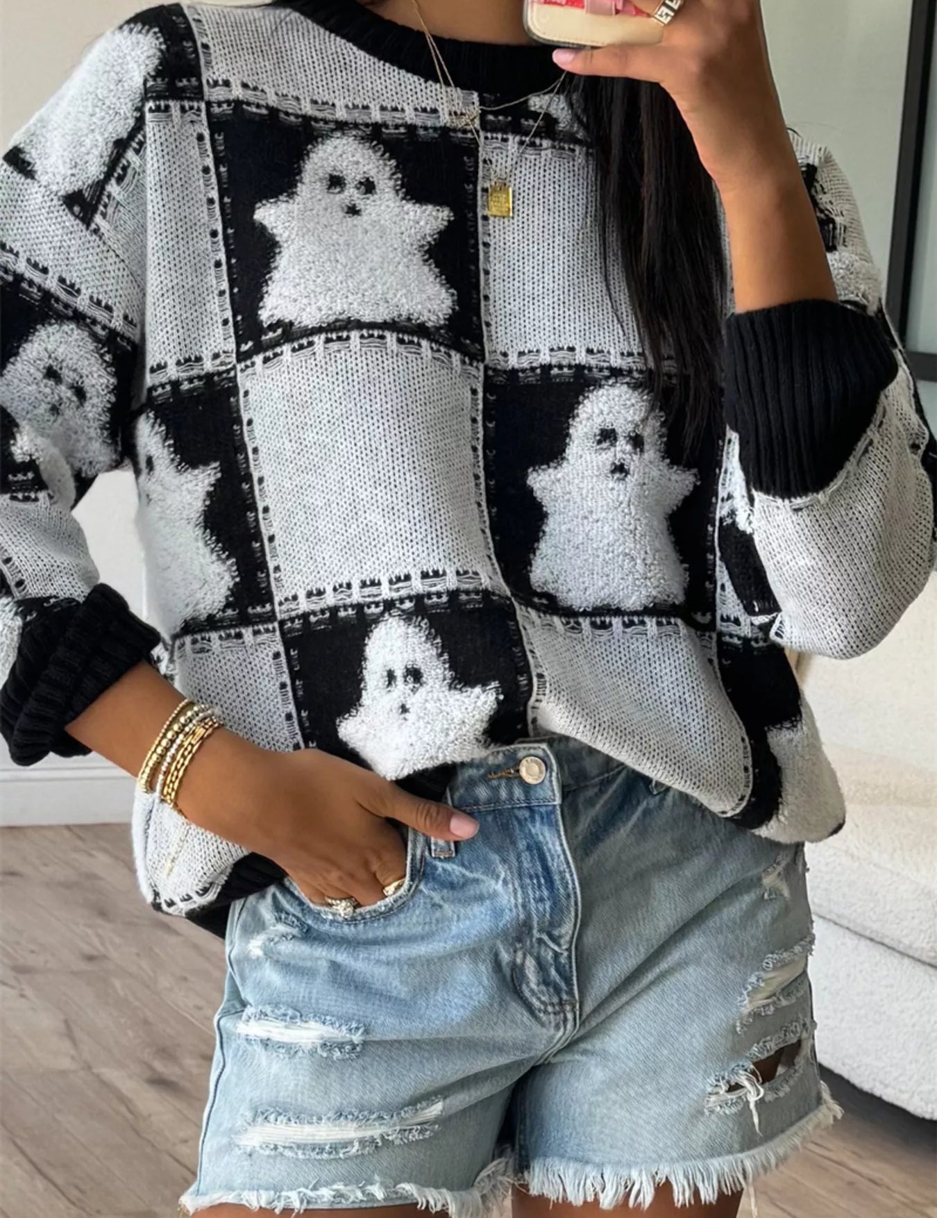 Women's plaid sweater, drop shoulder