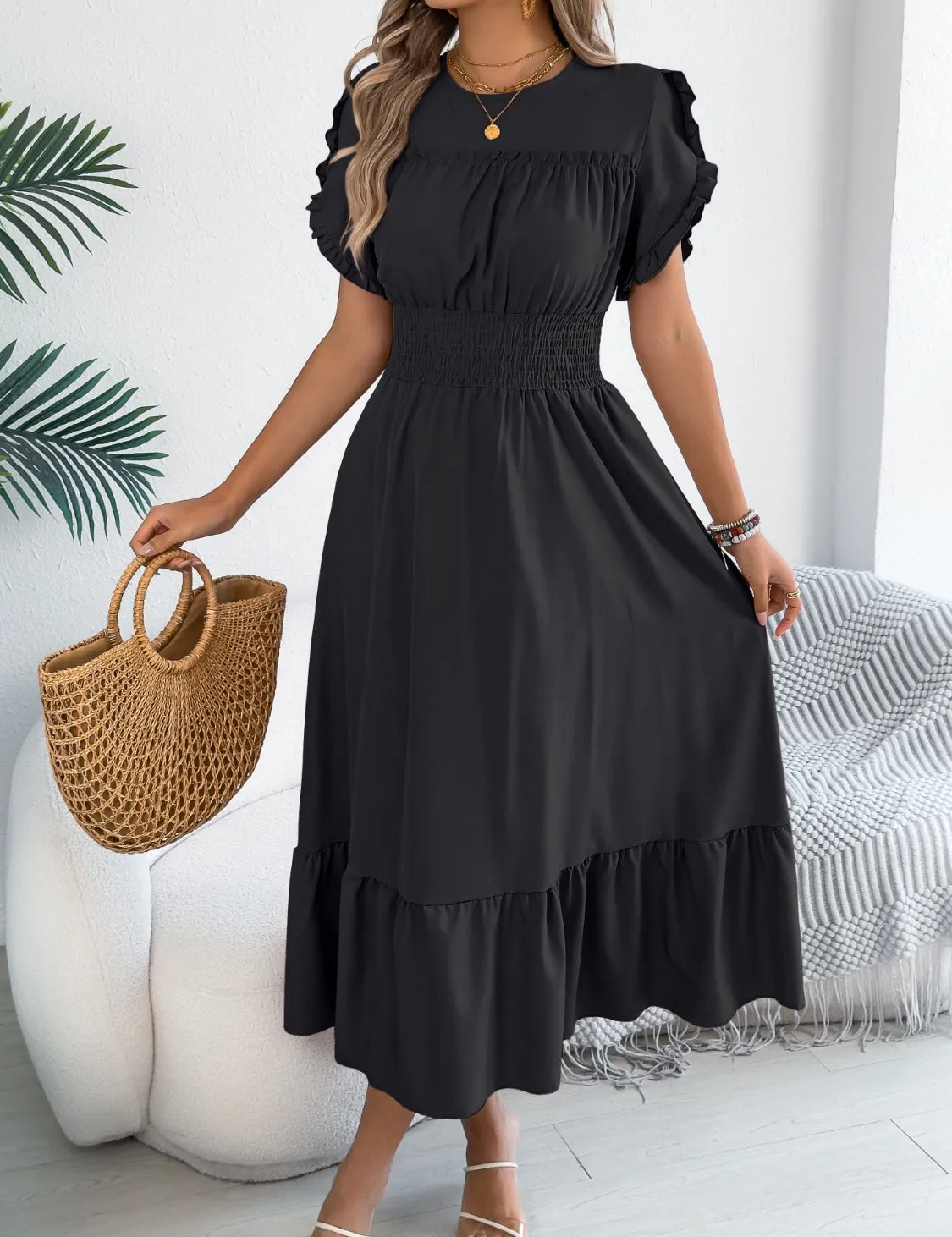 Women's midi dress, round neck
