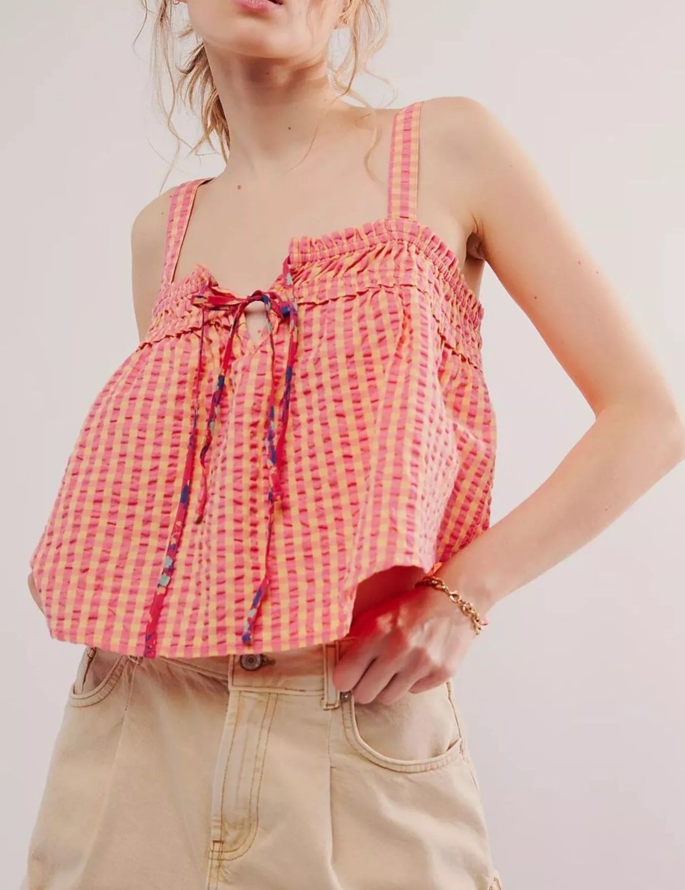 Women's Gingham Cami – Smocked Tie-Front Crop Top – Chaotic Fashion