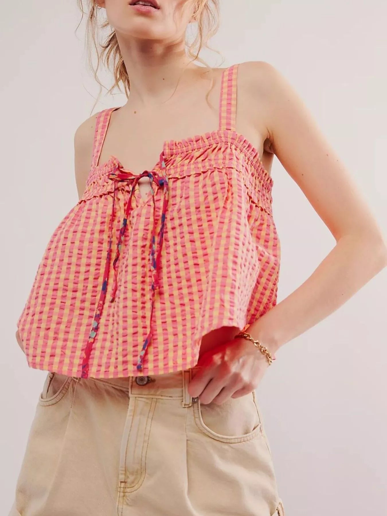 Women's Gingham Cami – Smocked Tie-Front Crop Top – Chaotic Fashion