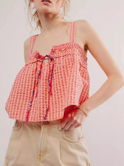 Women's Gingham Cami – Smocked Tie-Front Crop Top – Chaotic Fashion