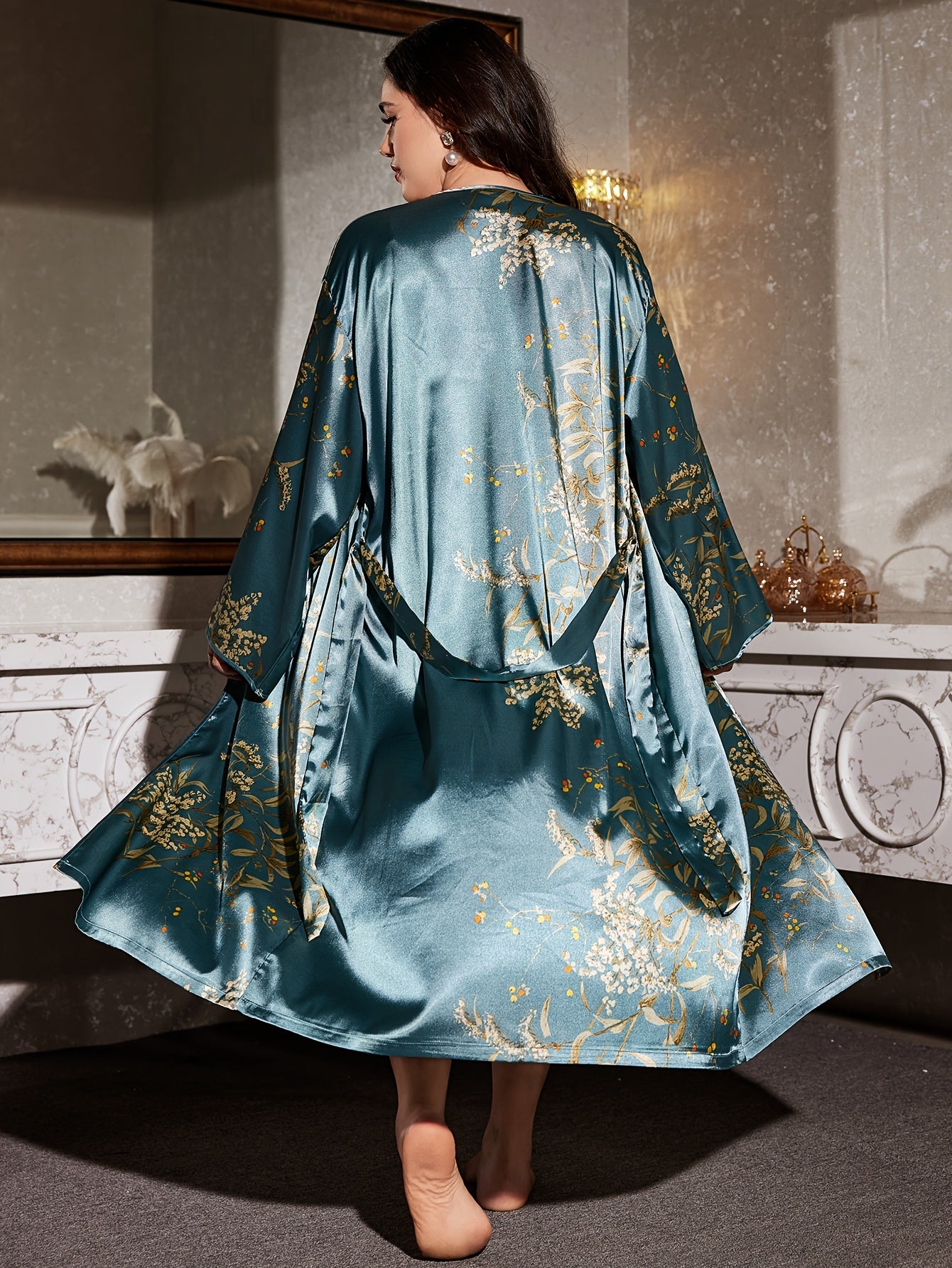 Plus size satin kimono robe in green floral print, wrap front with tie belt