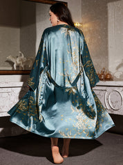 Plus size satin kimono robe in green floral print, wrap front with tie belt
