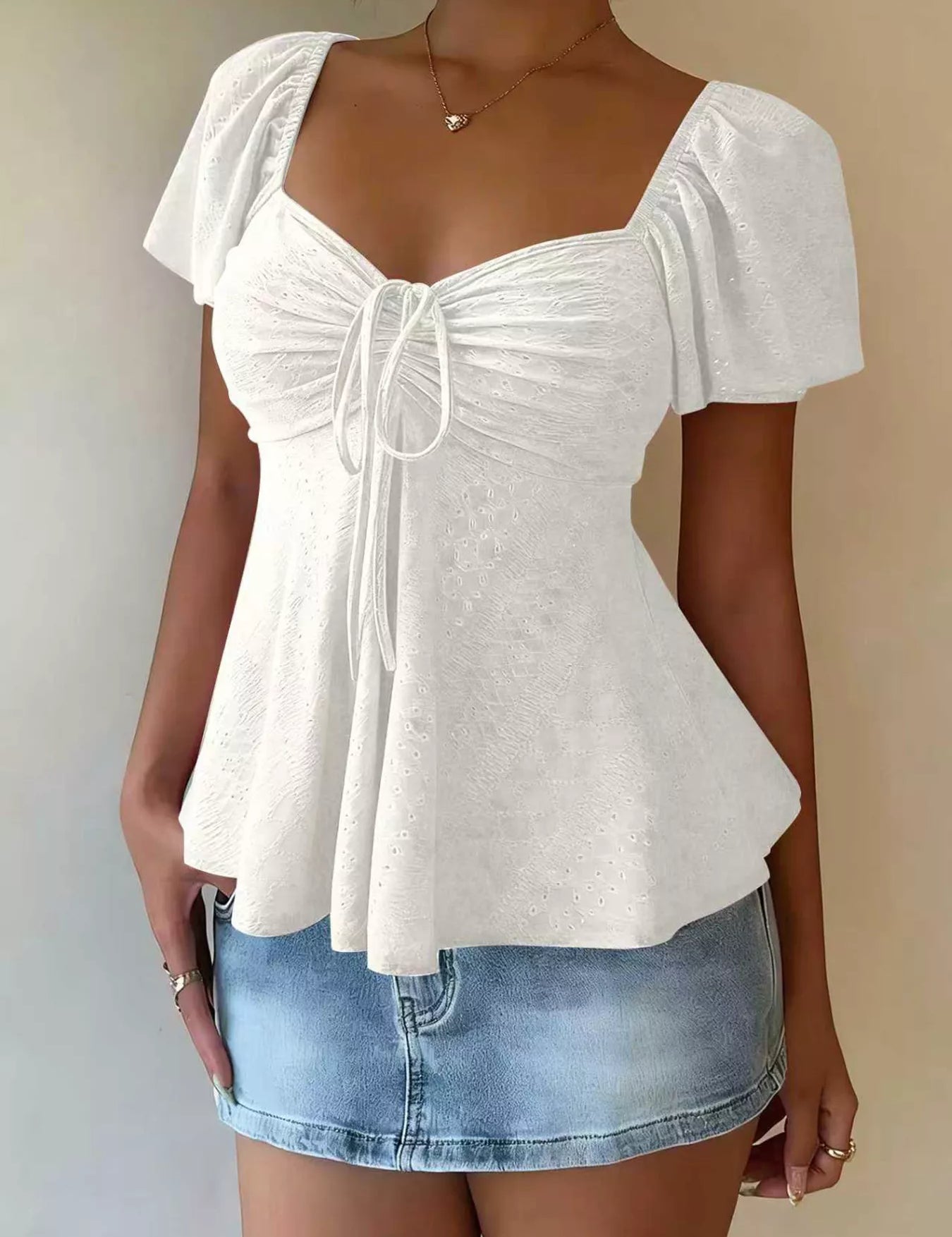 Women's Sweetheart Neck Top – Flutter Sleeve Eyelet – Chaotic Fashion
