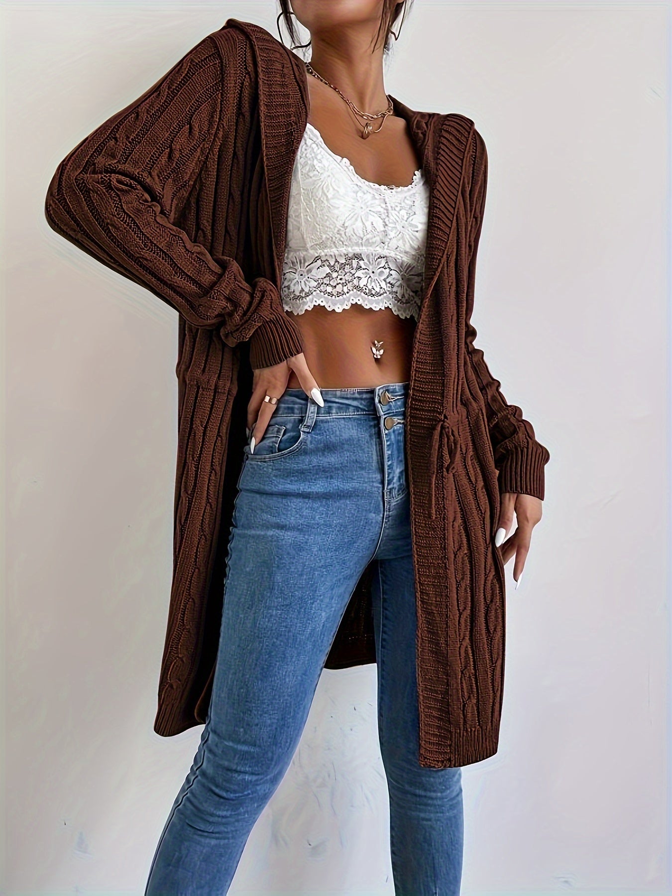 Women’s Long Knit Cardigan | V-Neck Hooded Drawstring Sweater for Fall & Winter