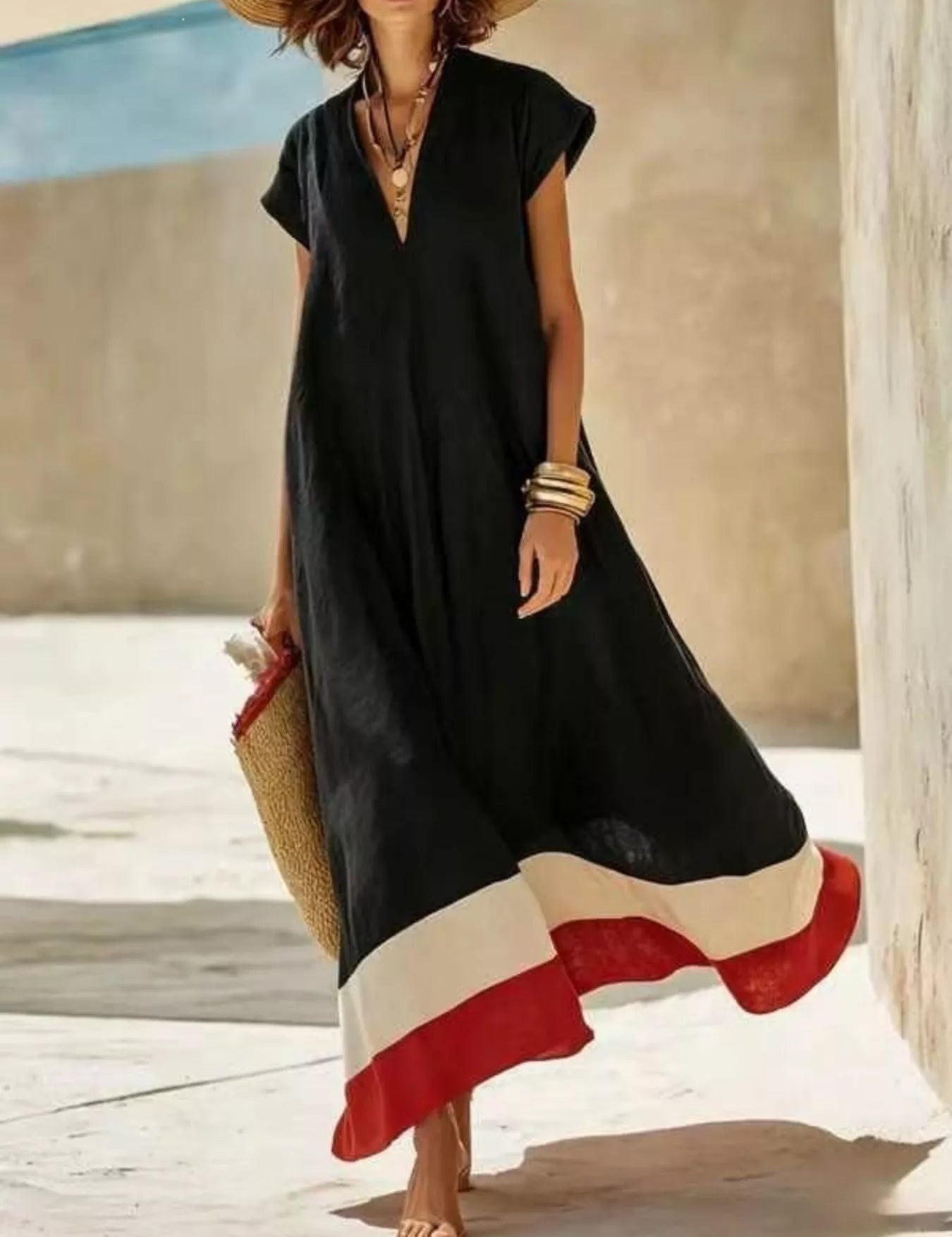 Women's maxi dress in colour block, v-neck