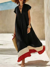 Women's maxi dress in colour block, v-neck