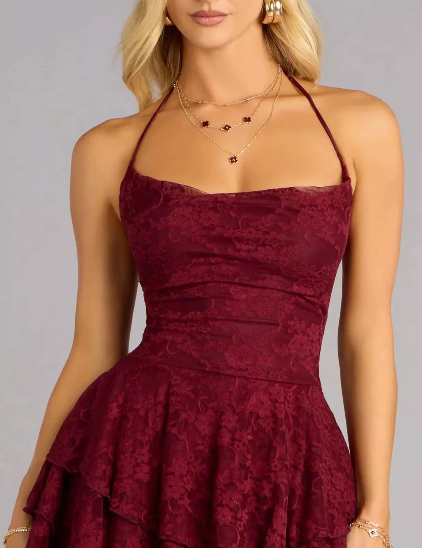 Lace Mini Dress for Women – Burgundy Halter Neck – Chaotic Fashion