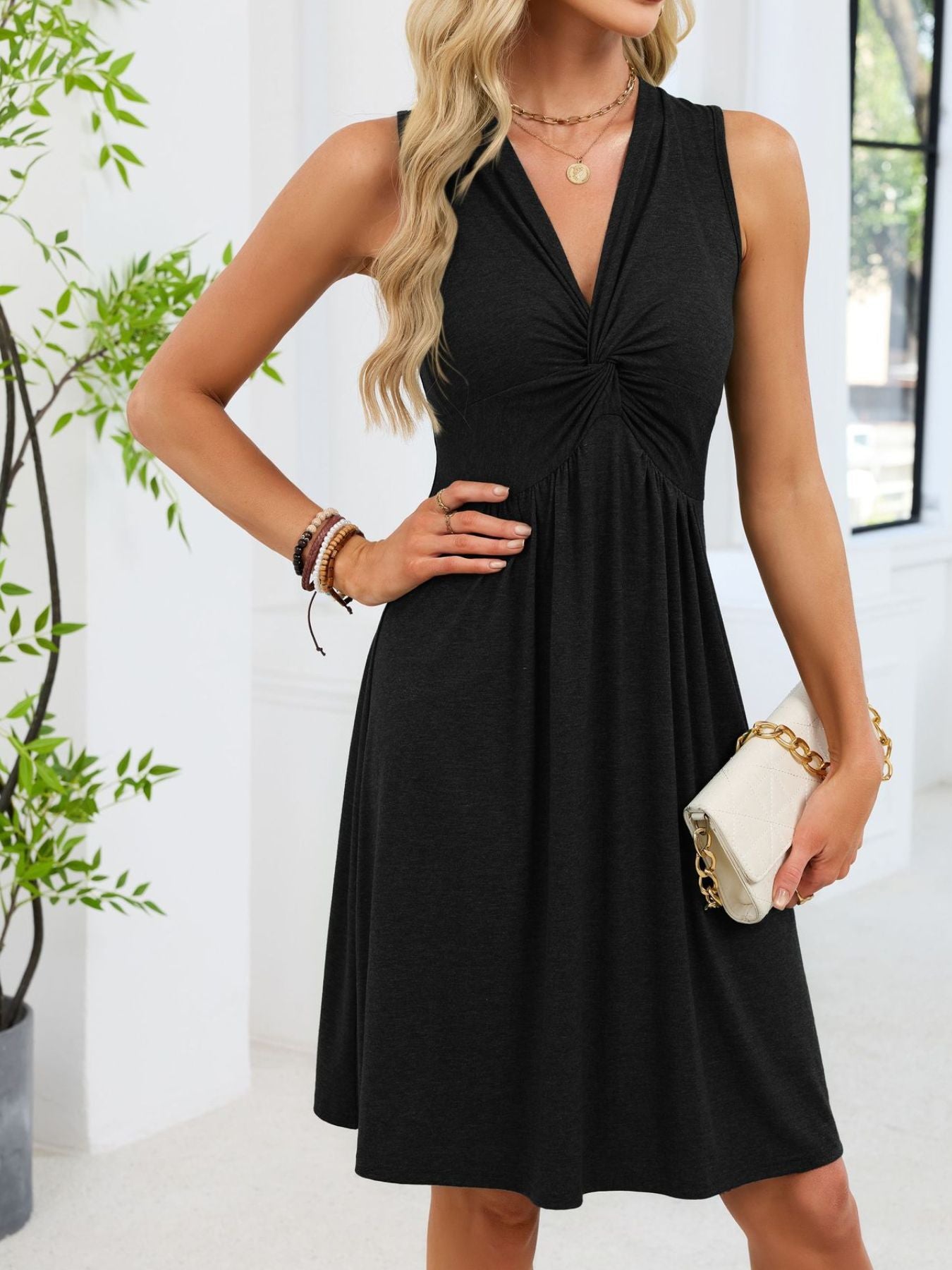 Womens Ruched Dress – Twist Knot in Mocha – Chaotic Fashion