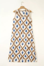 Women's midi dress in abstract print, v-neck sleeveless