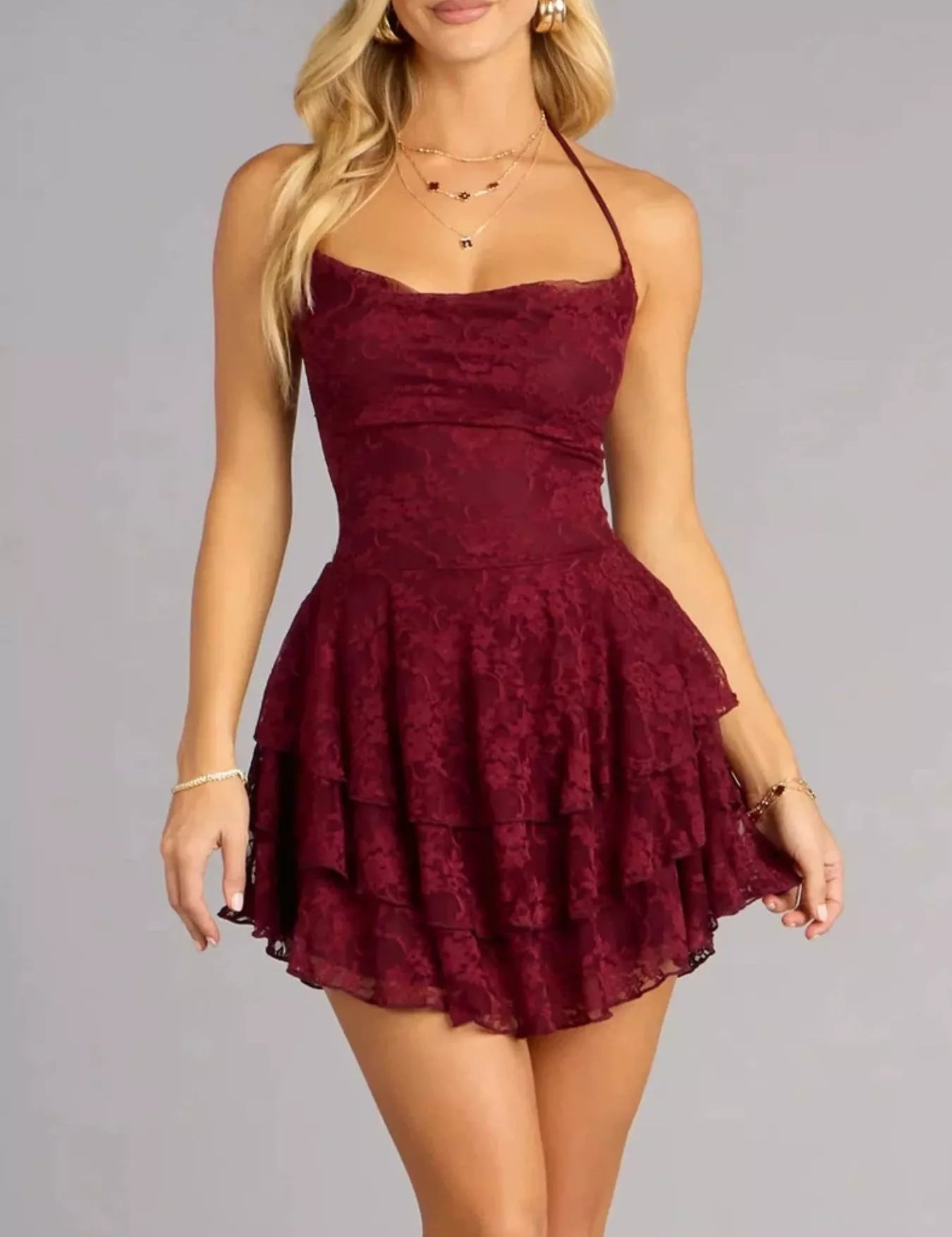 Women's Lace Halter Mini Dress – Tiered Ruffle Skirt – Chaotic Fashion