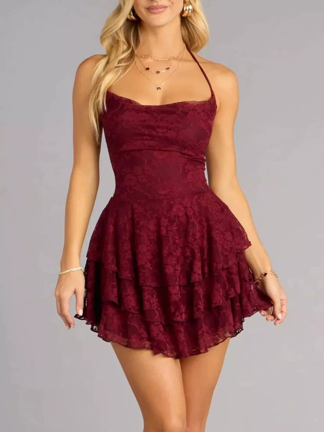Women's Lace Halter Mini Dress – Tiered Ruffle Skirt – Chaotic Fashion