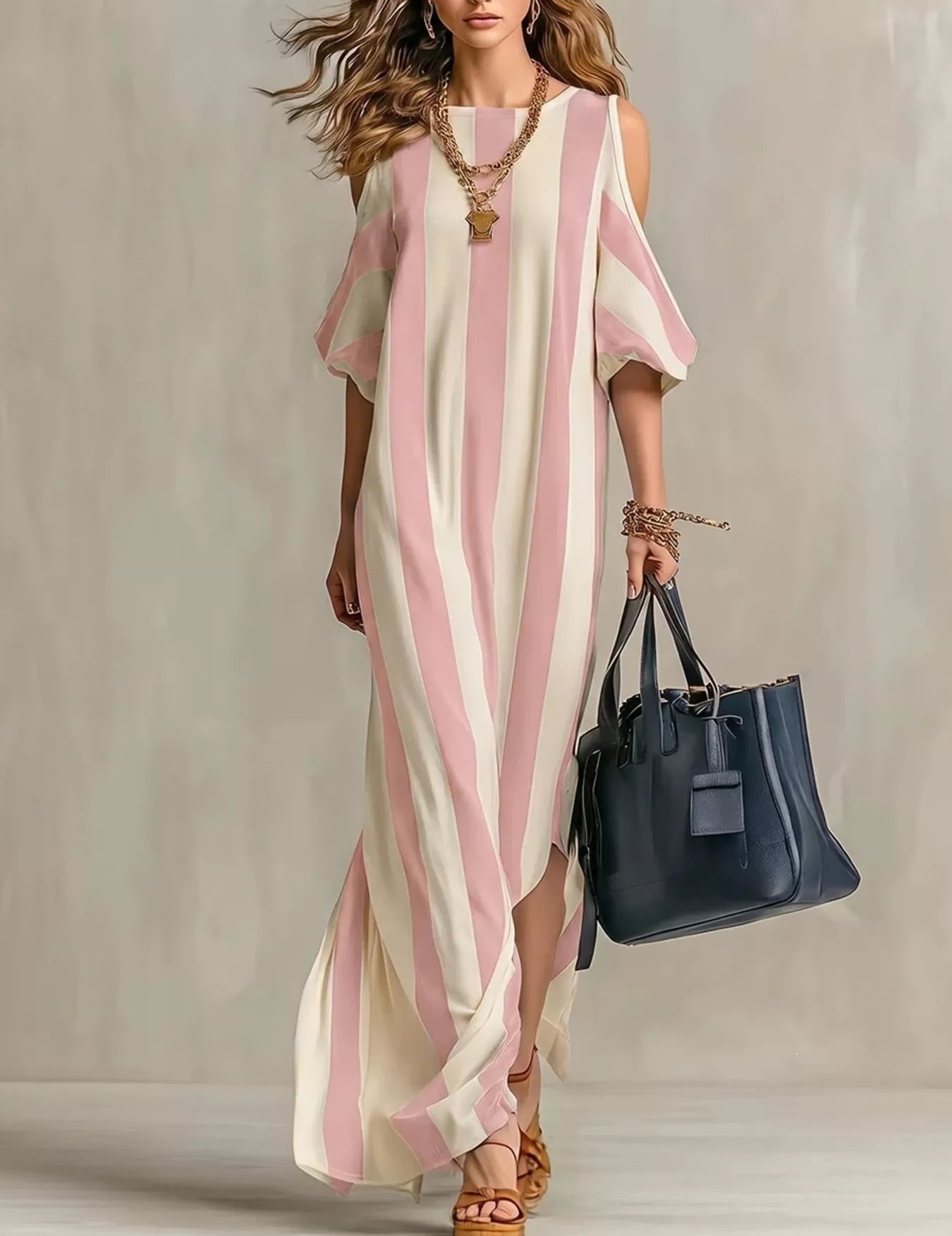Women's maxi dress in striped, cold shoulder