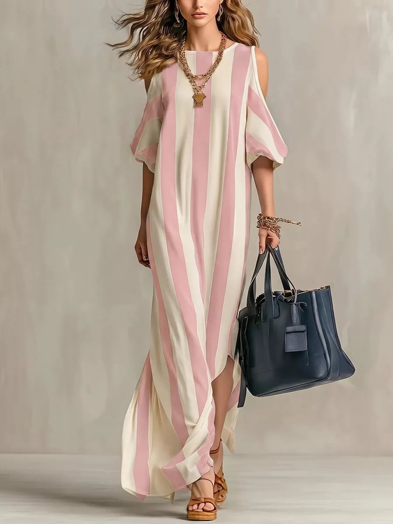 Women's maxi dress in striped, cold shoulder