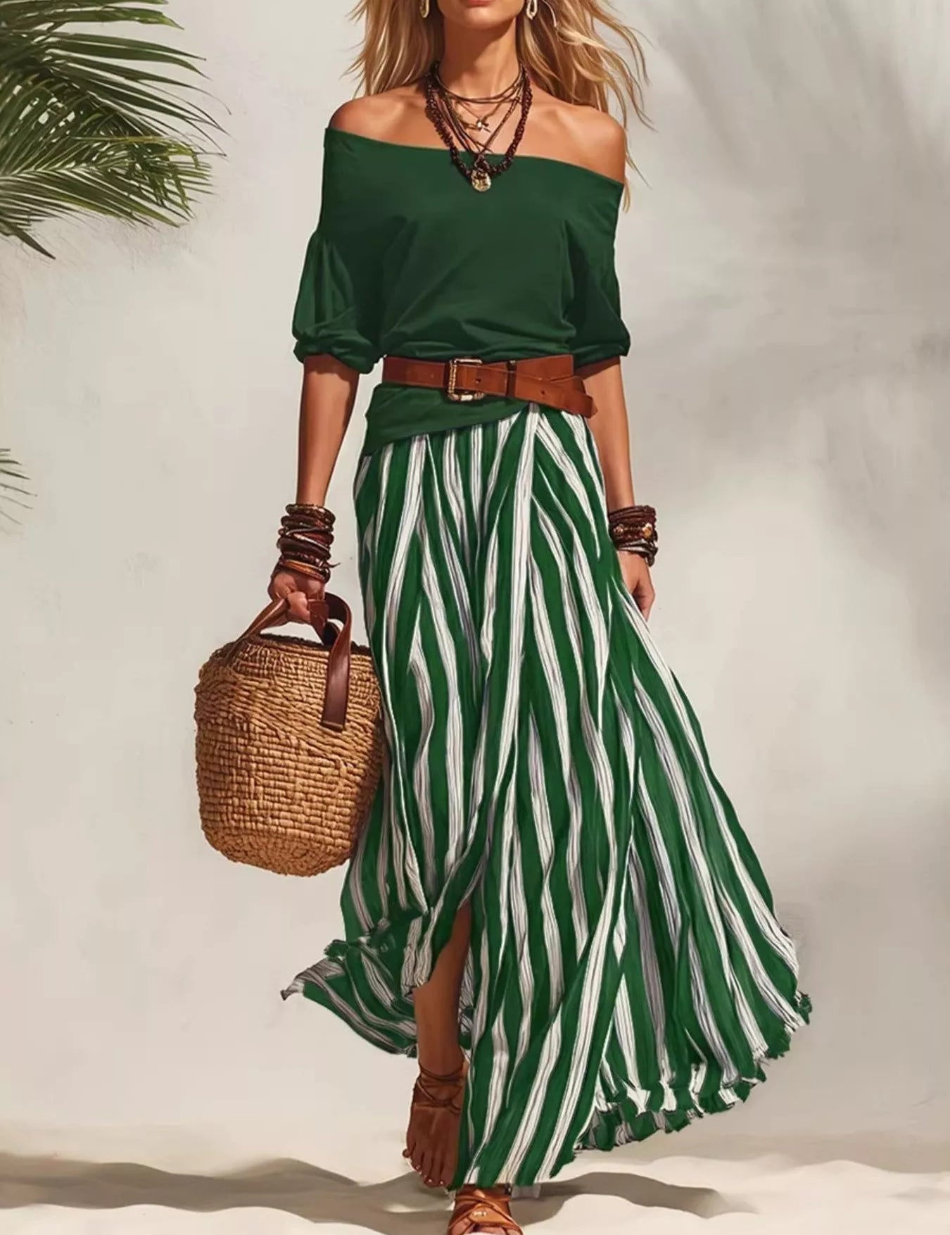 Women's maxi dress in striped, off-shoulder