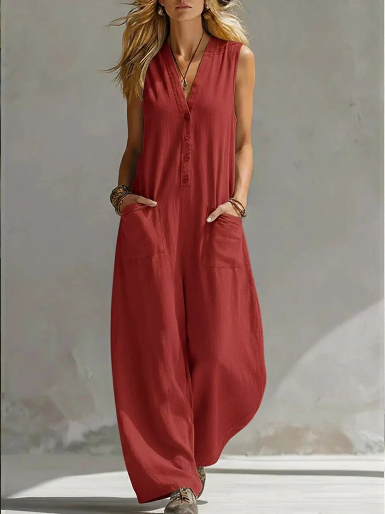 Sleeveless Wide-Leg Jumpsuit – Army Green Flowing Drape – Chaotic Fashion