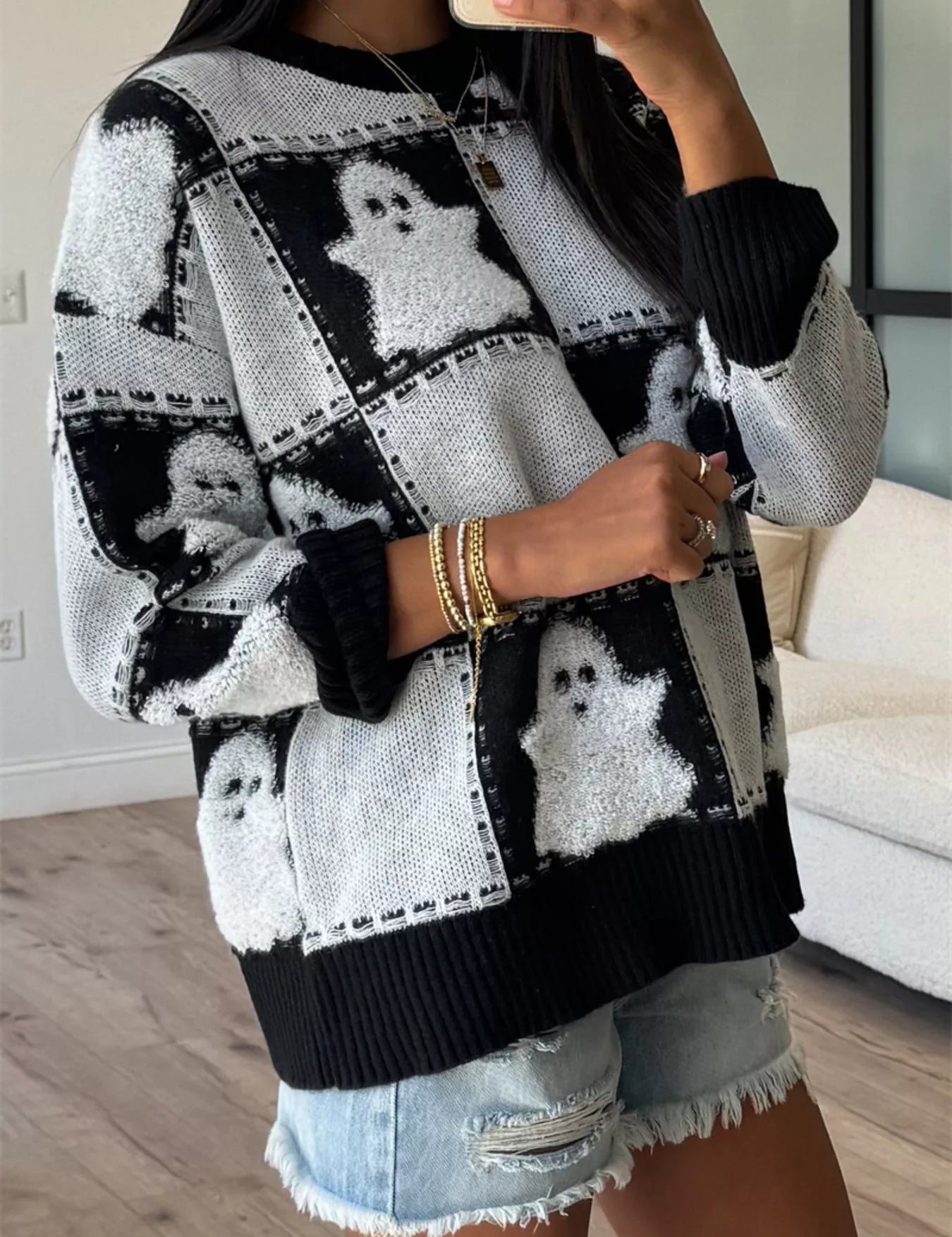 Women's plaid sweater, drop shoulder