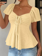 Women's Flutter Sleeve Eyelet Top – Romantic Everyday Blouse – Chaotic Fashion