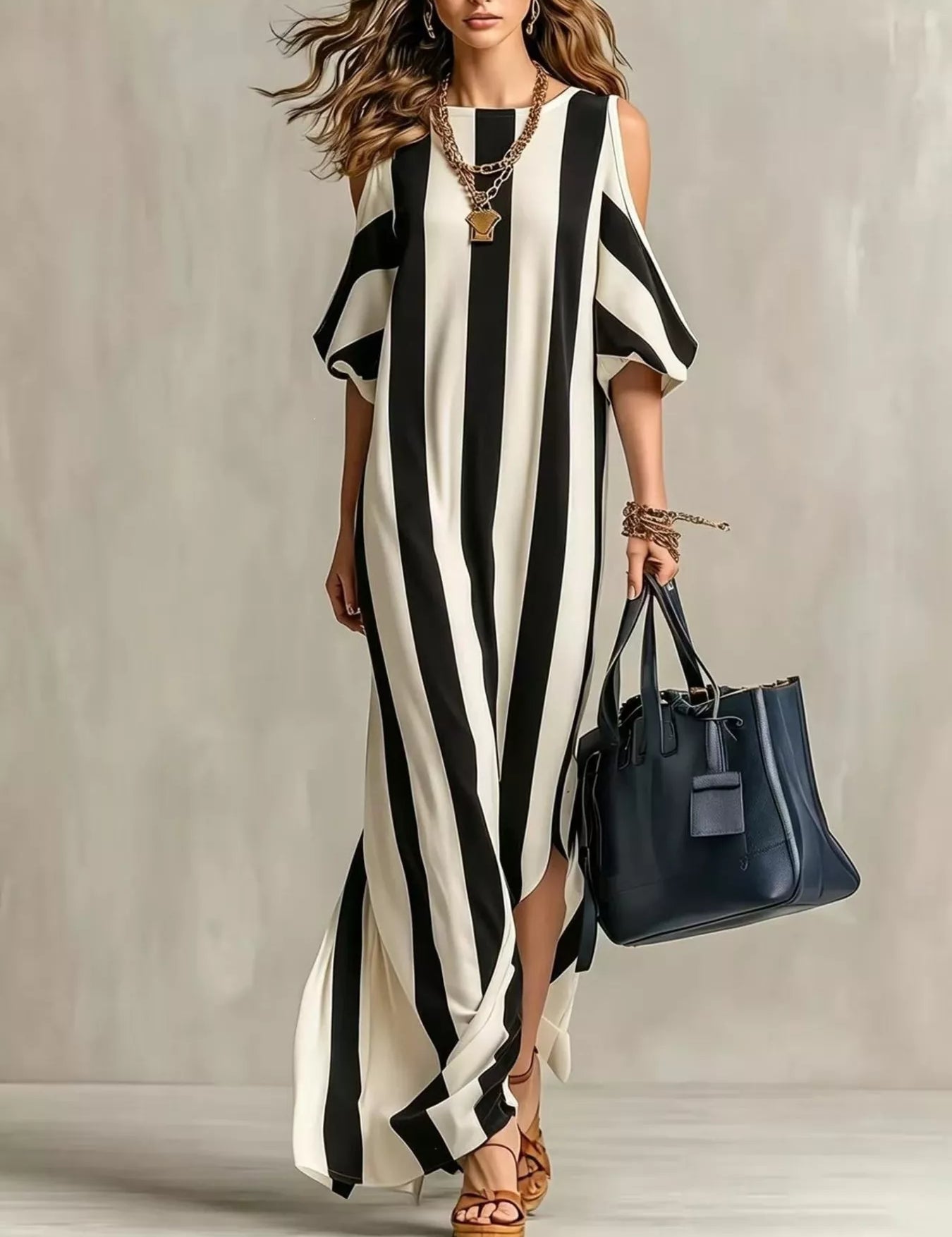 Women's maxi dress in striped, cold shoulder