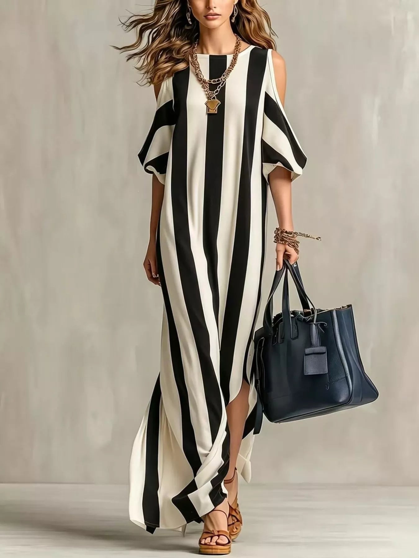 Women's maxi dress in striped, cold shoulder
