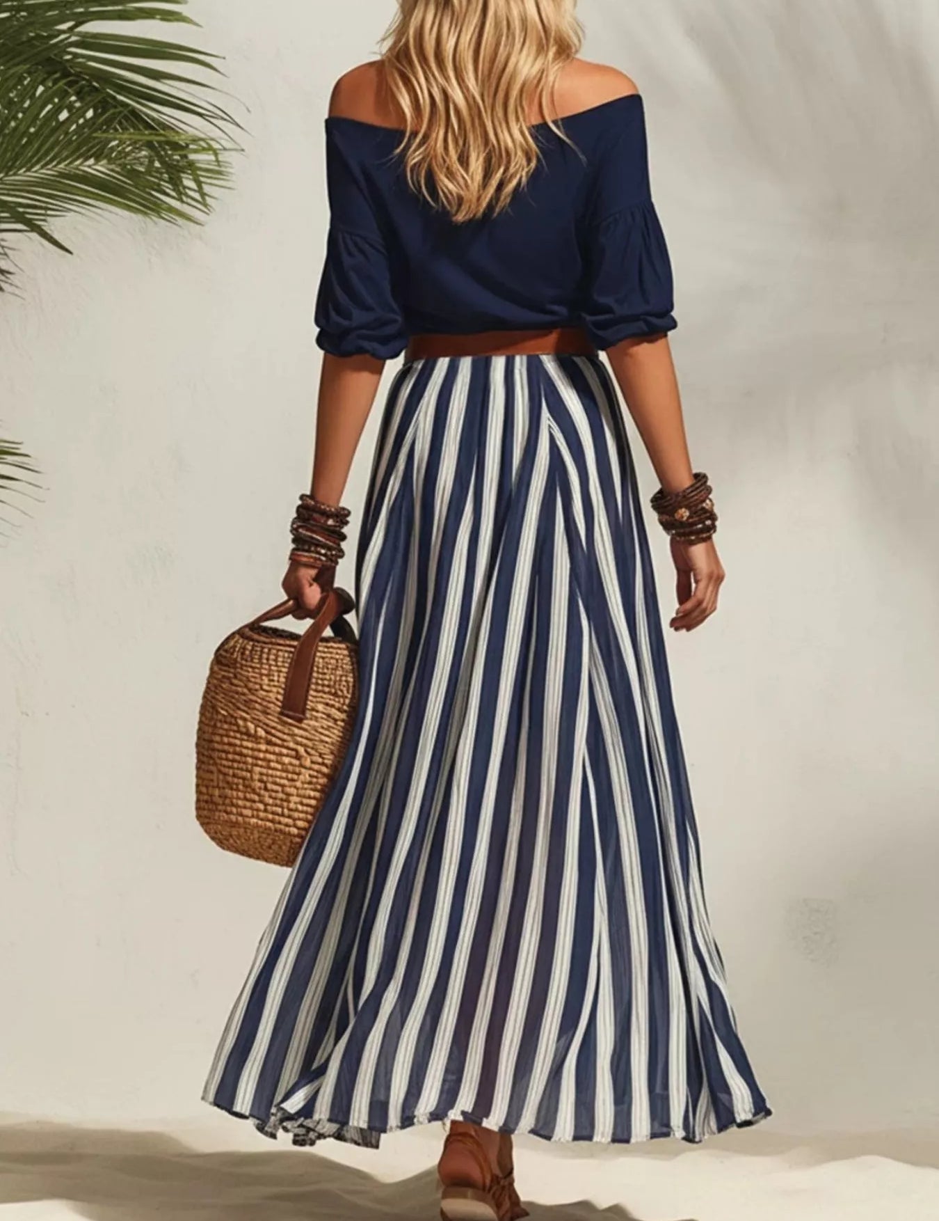 Women's maxi dress in striped, off-shoulder