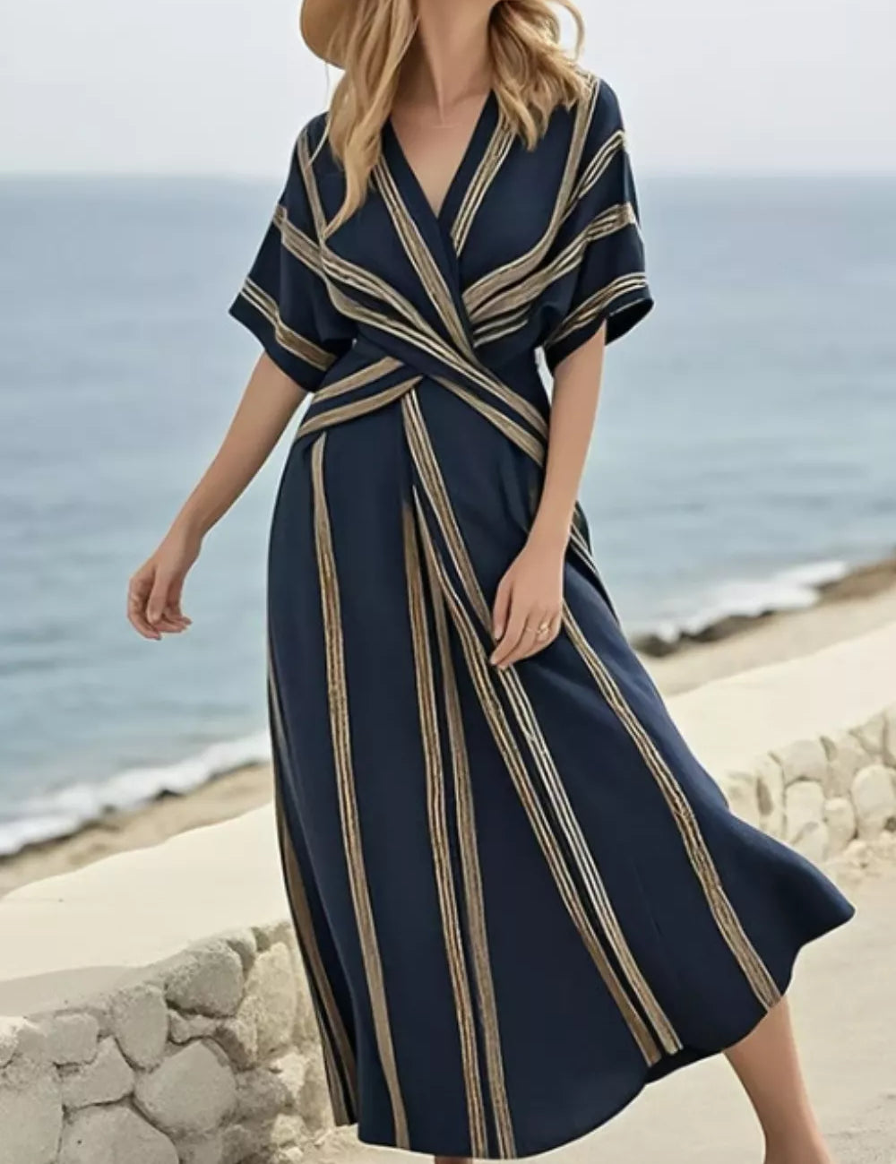Half Sleeve Maxi Dress – Surplice Neck in Dark Navy – Chaotic Fashion