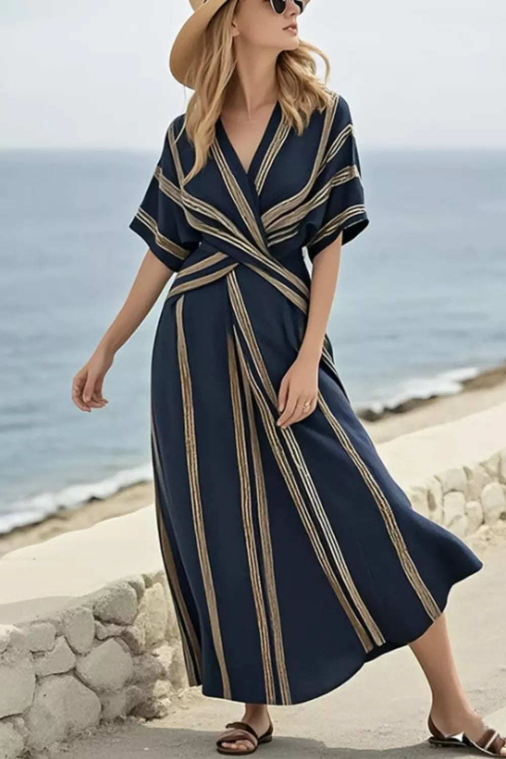 Half Sleeve Maxi Dress – Surplice Neck in Dark Navy – Chaotic Fashion