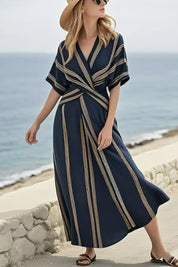 Half Sleeve Maxi Dress – Surplice Neck in Dark Navy – Chaotic Fashion