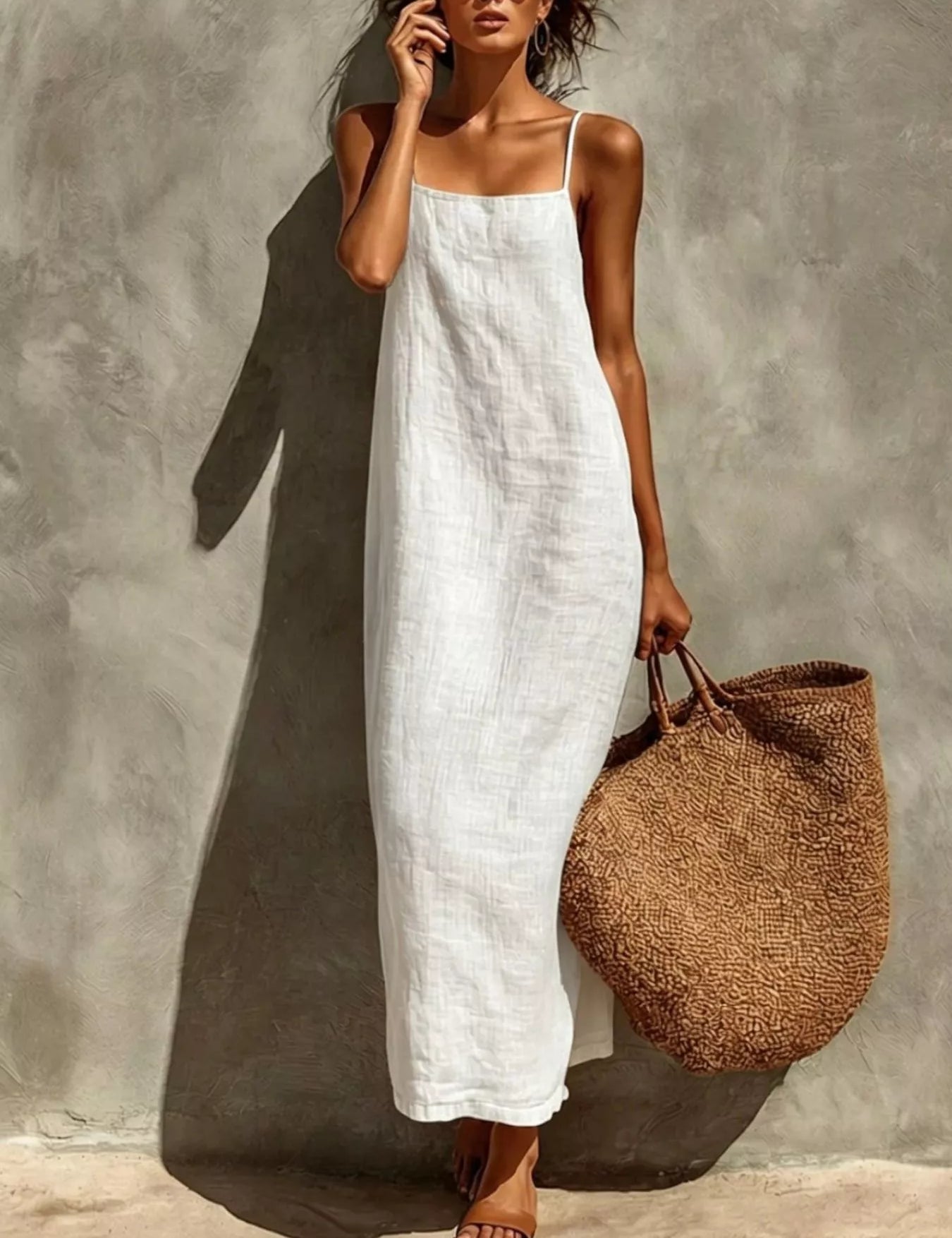 Maxi Dress – Sleeveless Linen Style in White – Chaotic Fashion