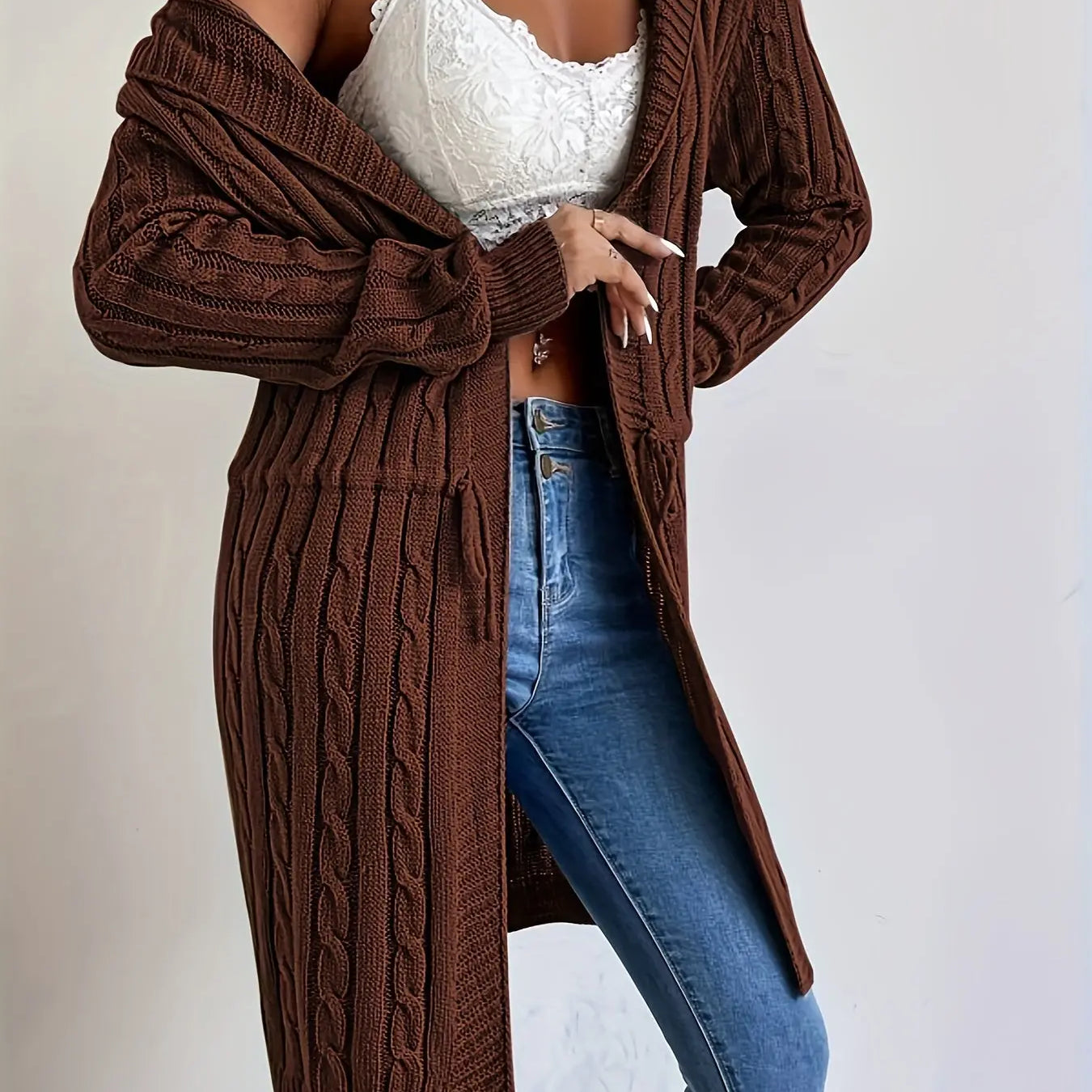 Women’s Long Knit Cardigan | V-Neck Hooded Drawstring Sweater for Fall & Winter Chaotic Fashion