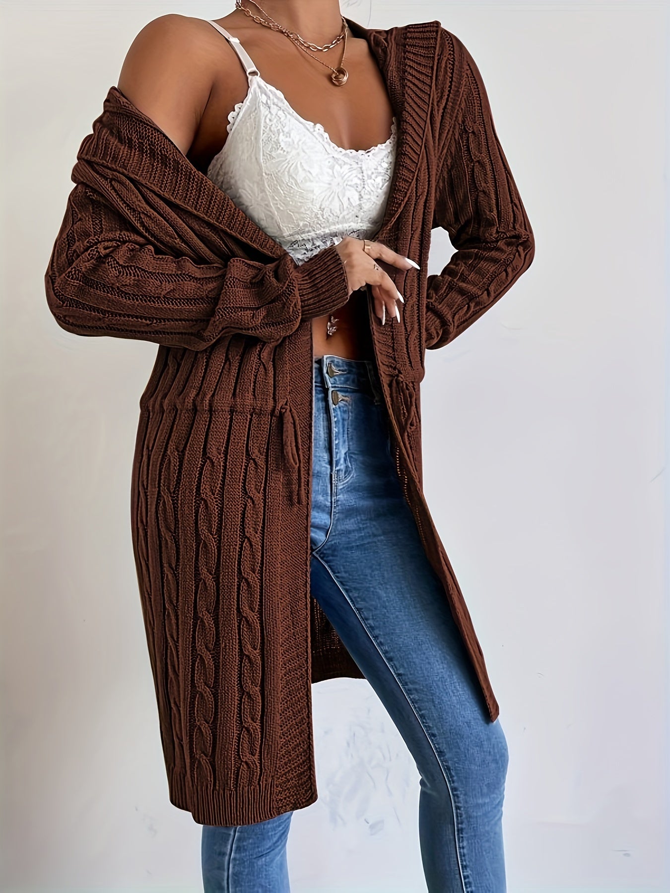 Women’s Long Knit Cardigan | V-Neck Hooded Drawstring Sweater for Fall & Winter