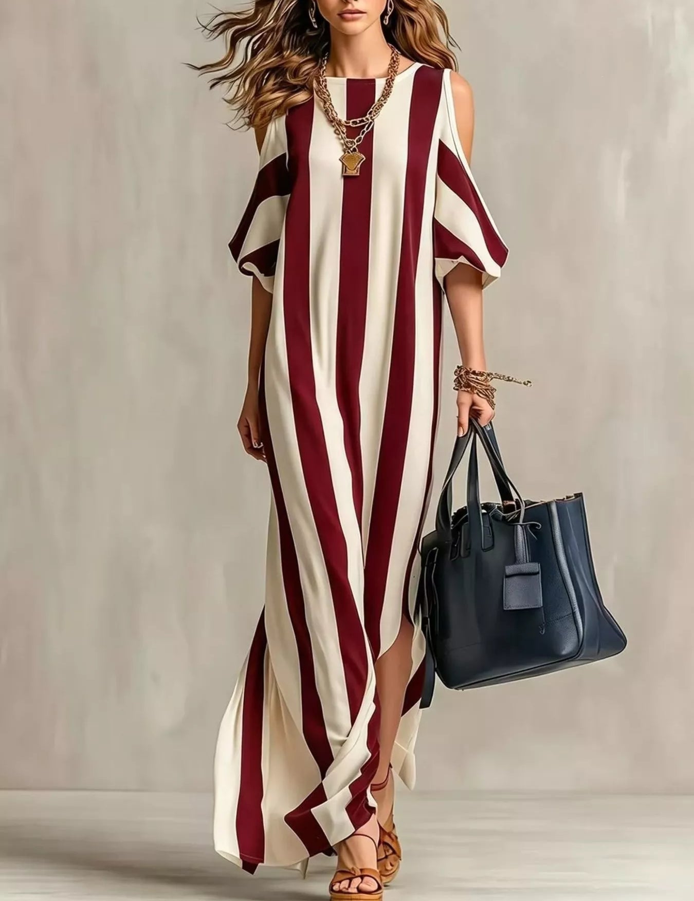 Women's maxi dress in striped, cold shoulder