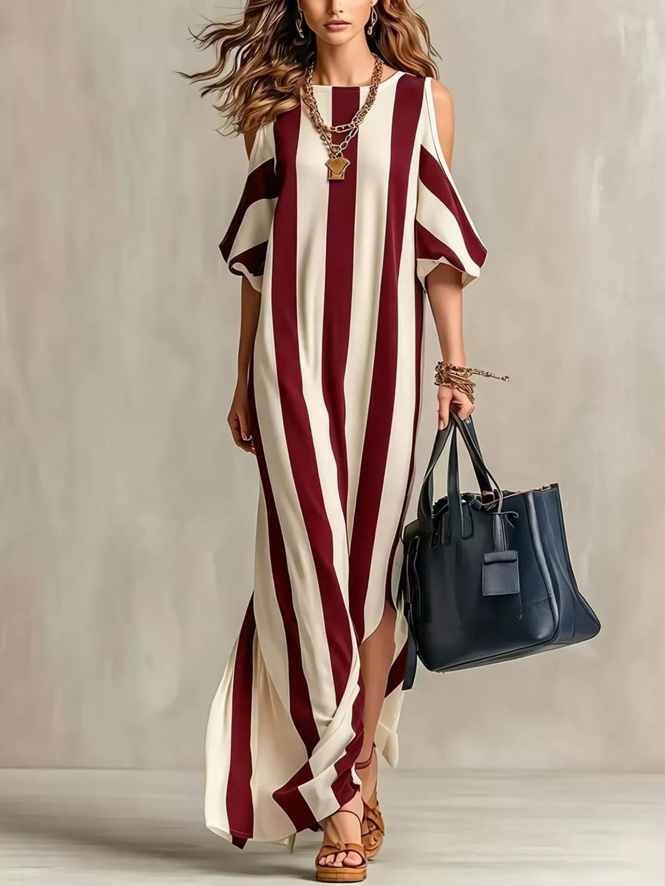 Women's maxi dress in striped, cold shoulder