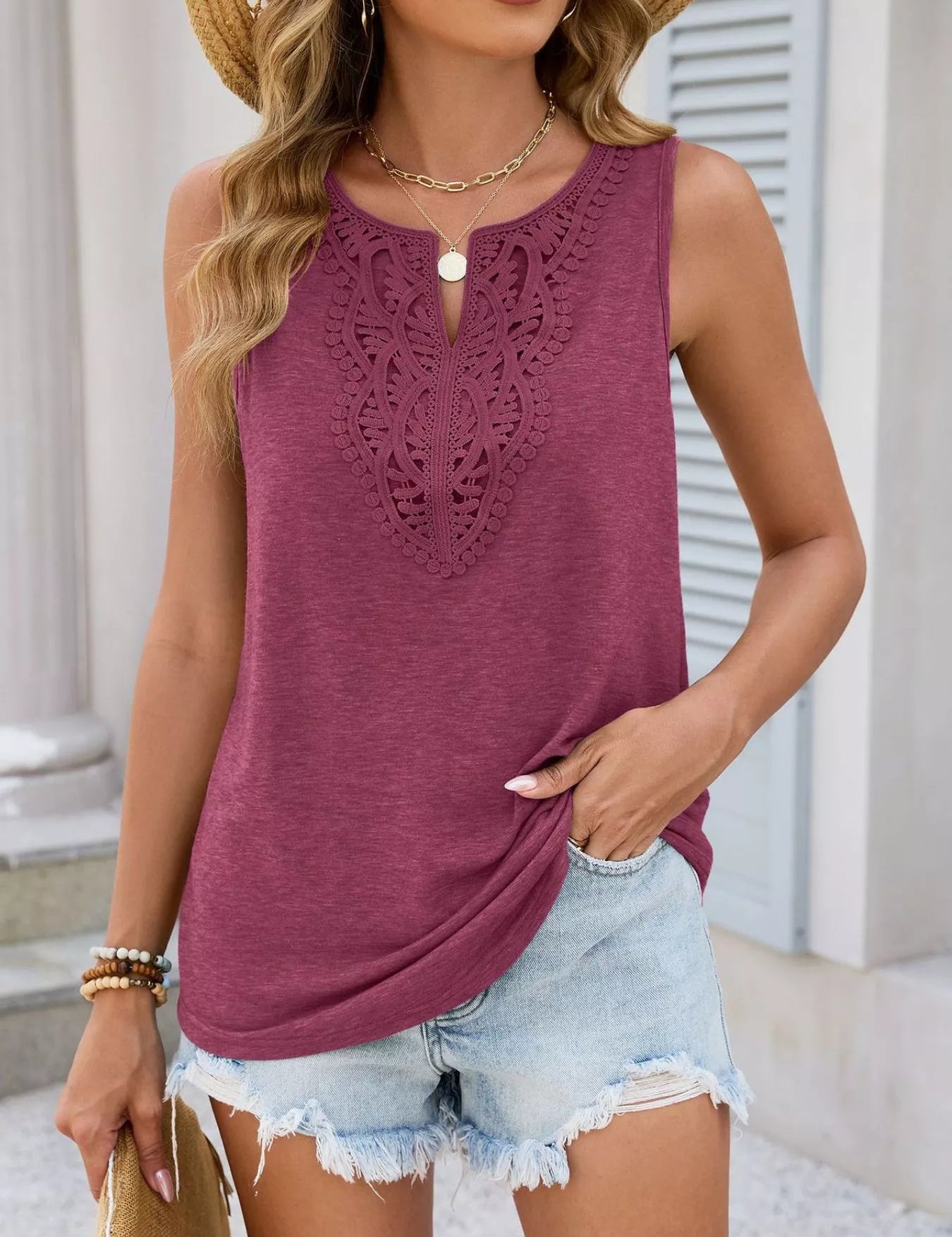Ribbed Tank Top for Women – Burgundy Lace Trim – Chaotic Fashion