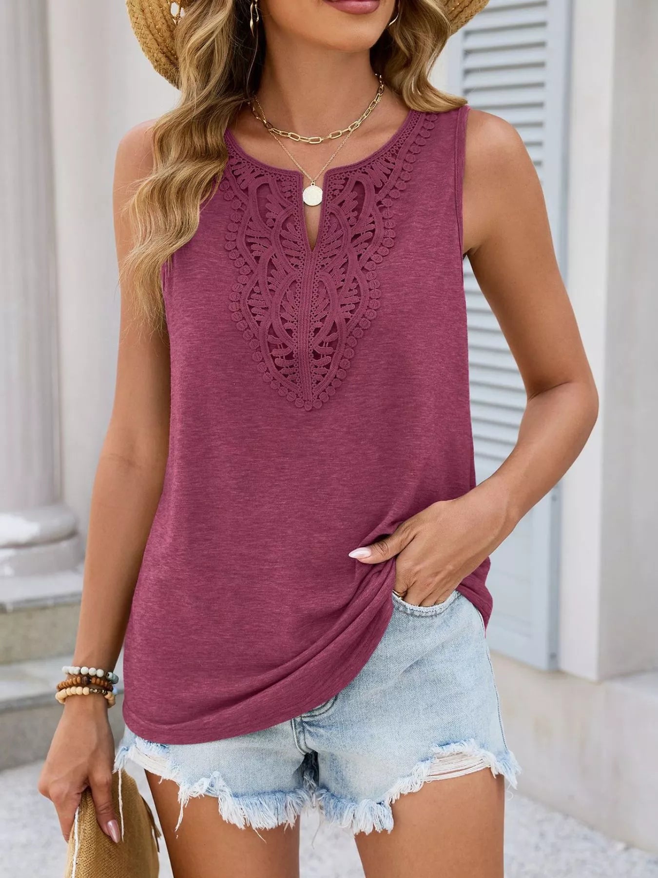 Ribbed Tank Top for Women – Burgundy Lace Trim – Chaotic Fashion