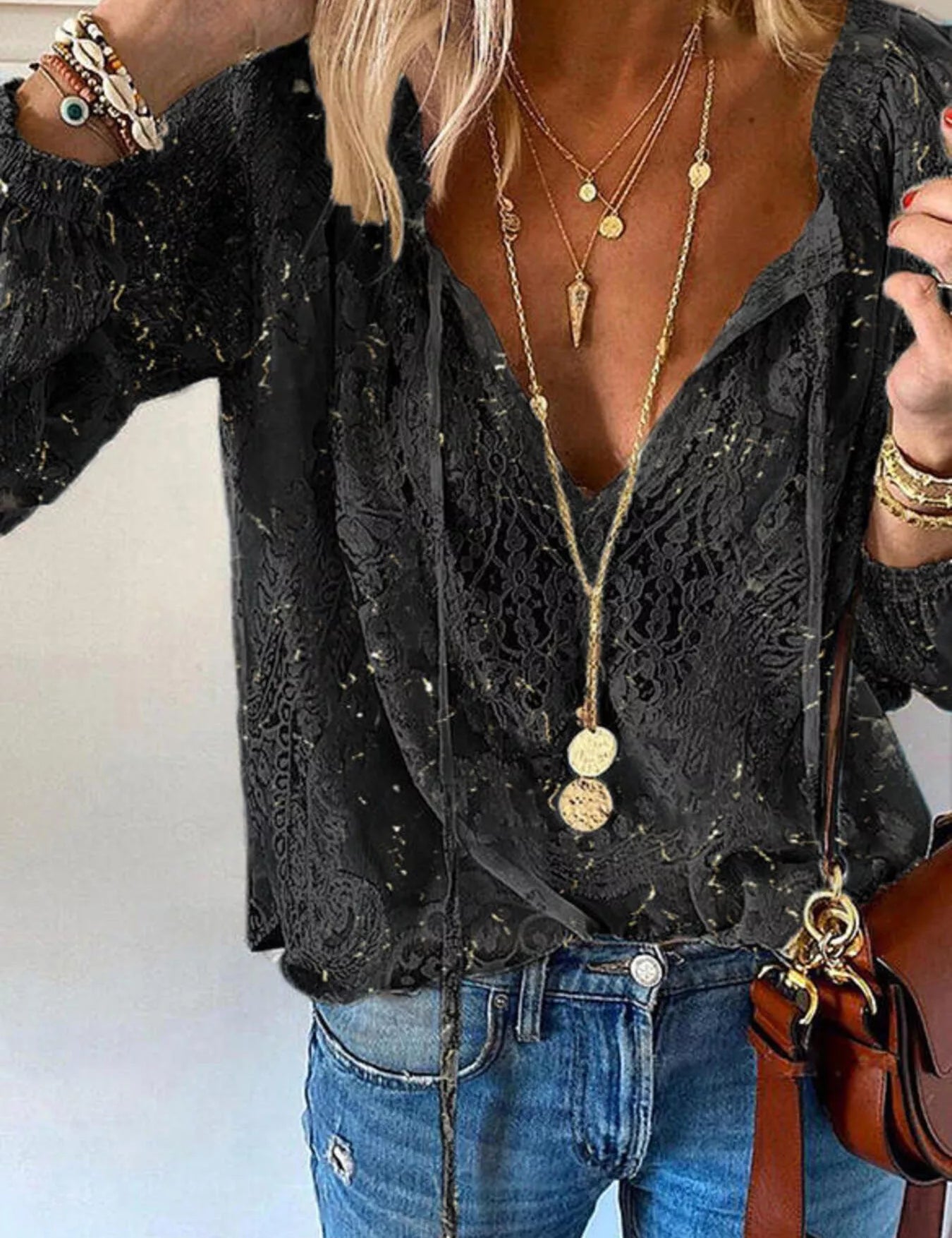 Sheer Tie-Neck Lace Top – Black Elegant Style – Chaotic Fashion