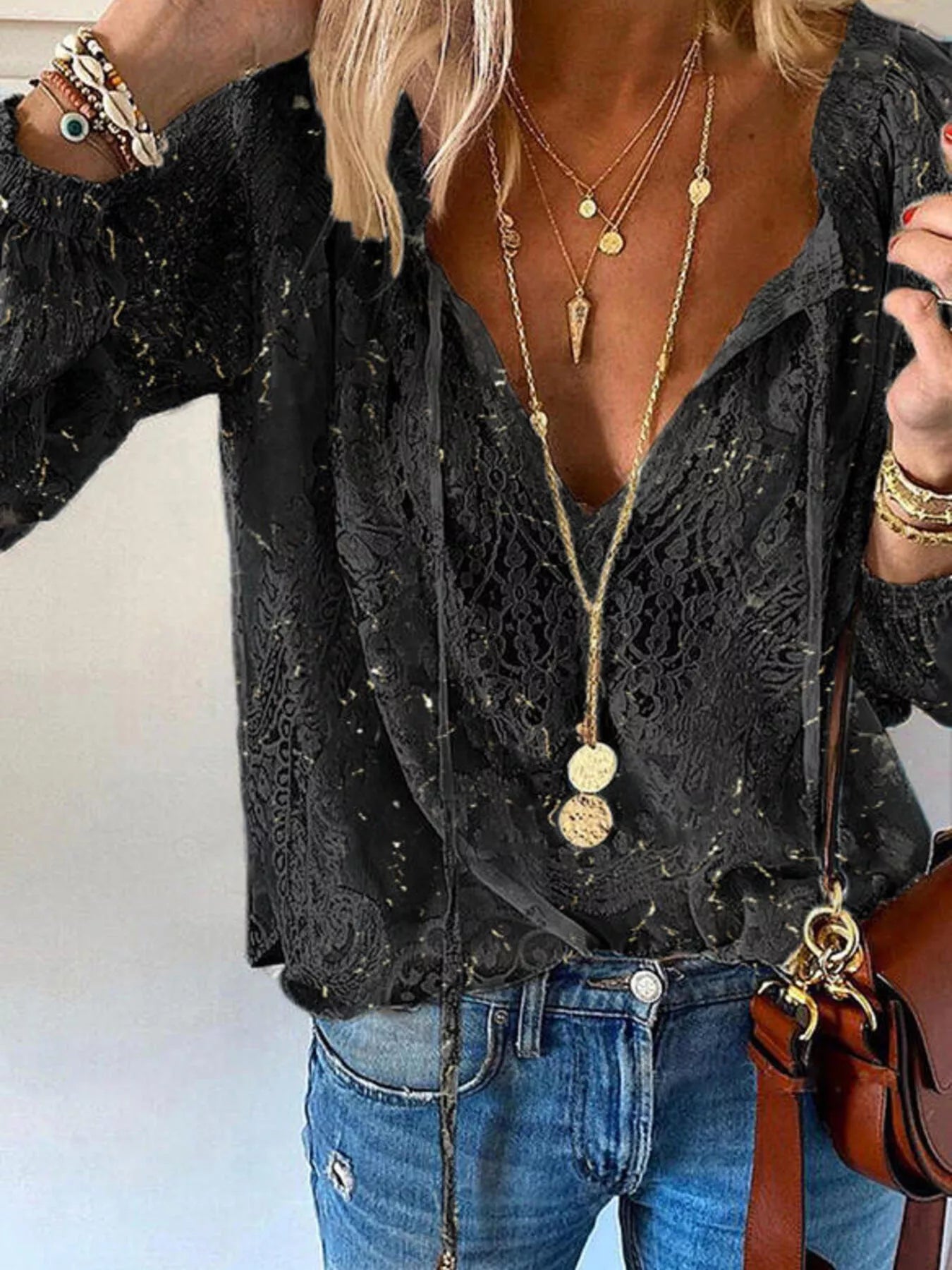 Sheer Tie-Neck Lace Top – Black Elegant Style – Chaotic Fashion