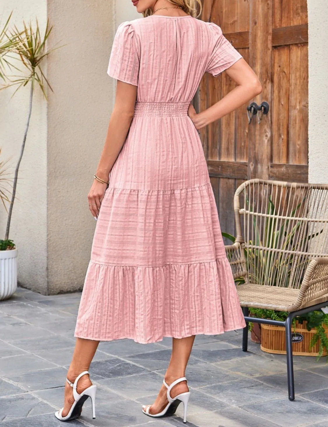 Women's midi dress, notched neck short sleeve